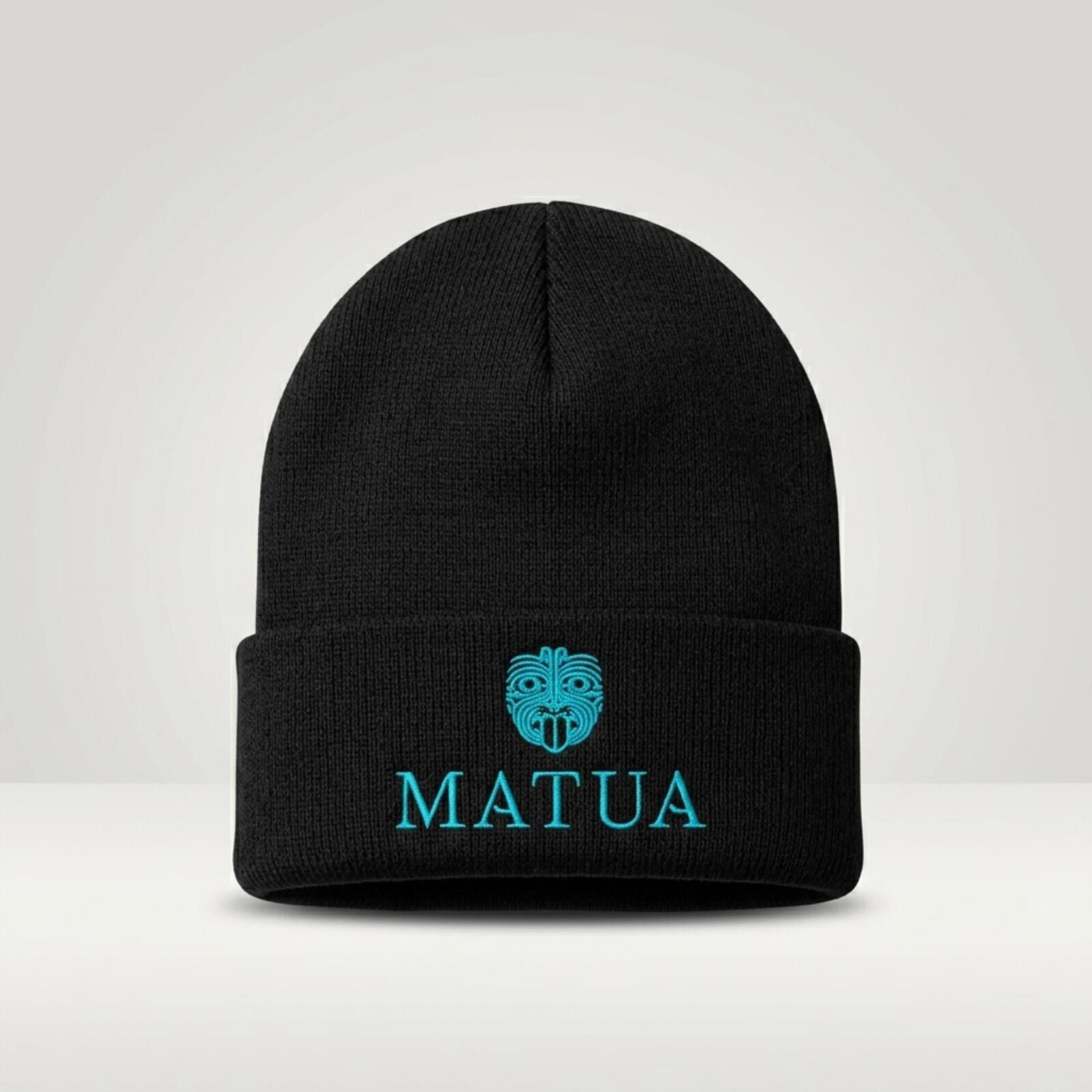 Manual Alphabet Matua Black Knit Beanie Hat with Blue Aqua Embroidered Logo Size ONE SIZE - 1 Thumbnail