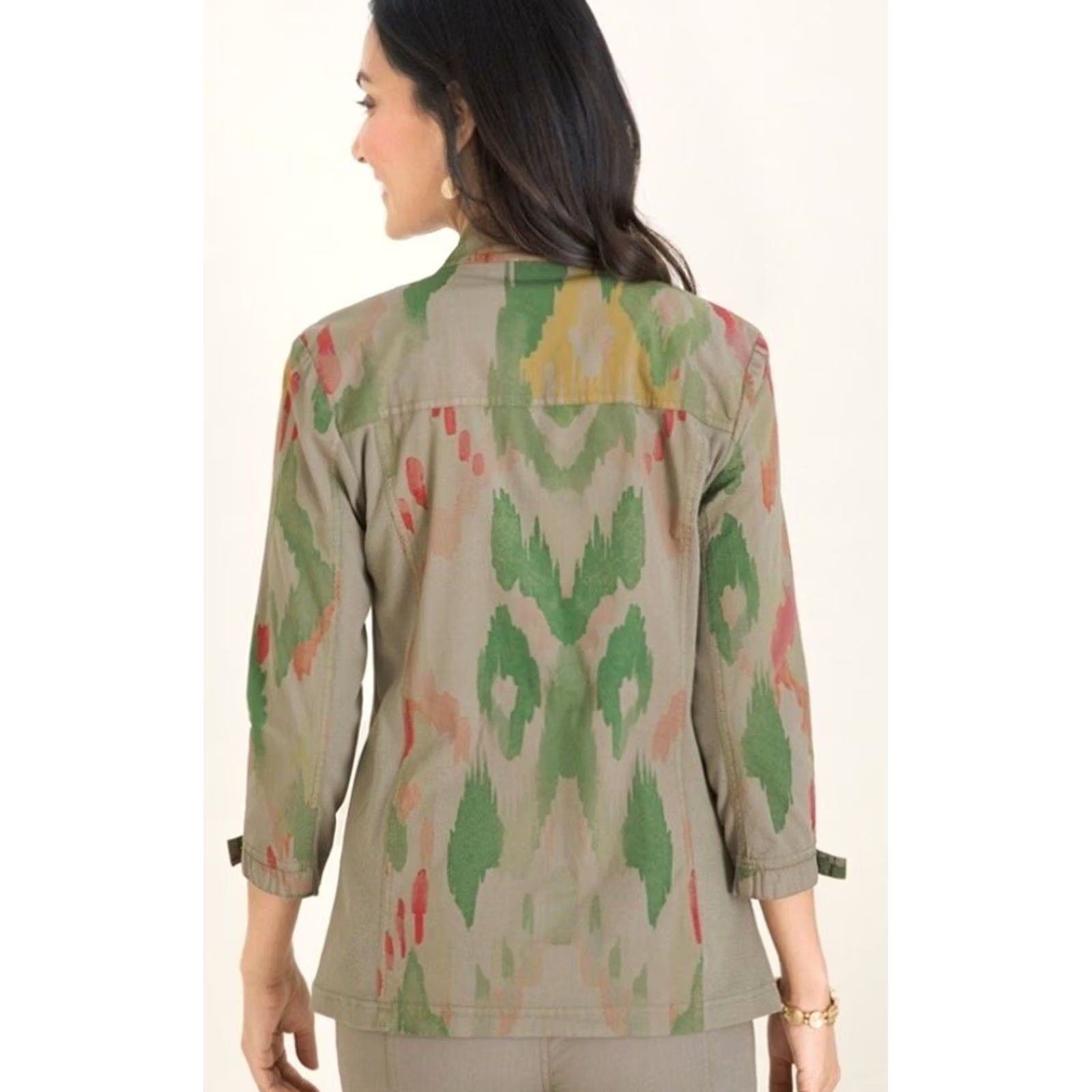 Vintage Chicos Jacket Womens S Small Green Ikat Utility Zip Up 3/4 Sleeve Zipper Front Pockets Bohemian All Seasons Size S / US 4 / IT 40 - 3 Thumbnail