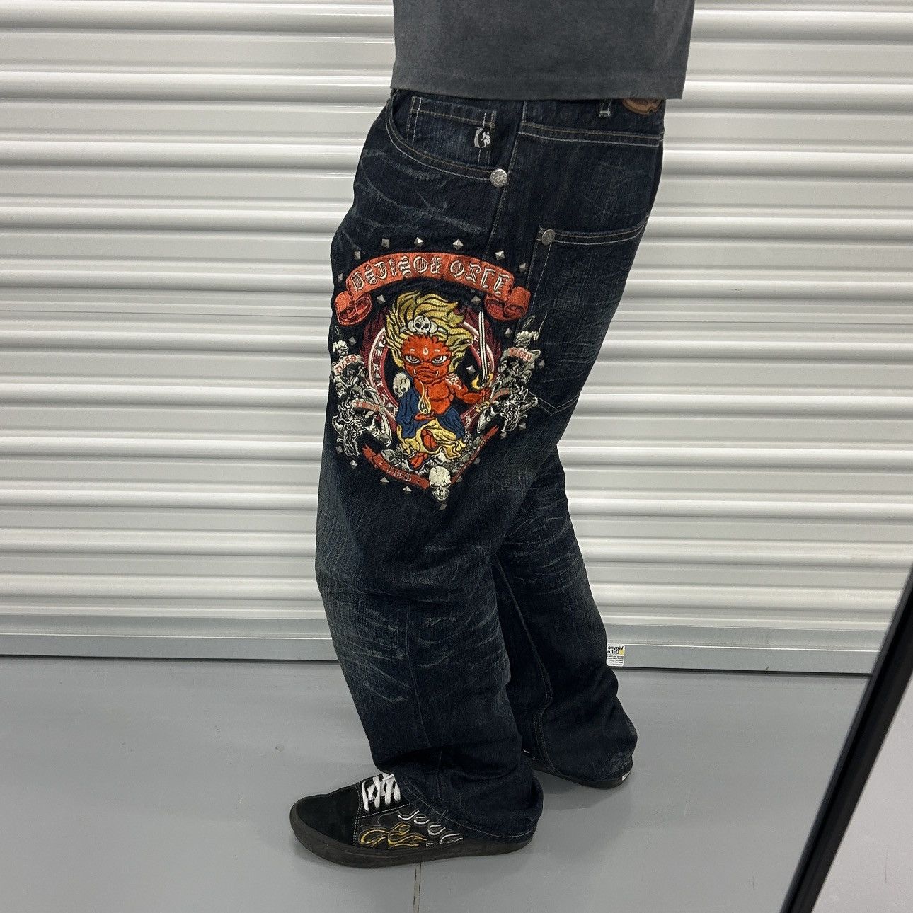 image of Crazy Vintage Y2K Jnco Ed Hardy Style Baggy Flame Skull Jean in Blue, Men's (Size 36)