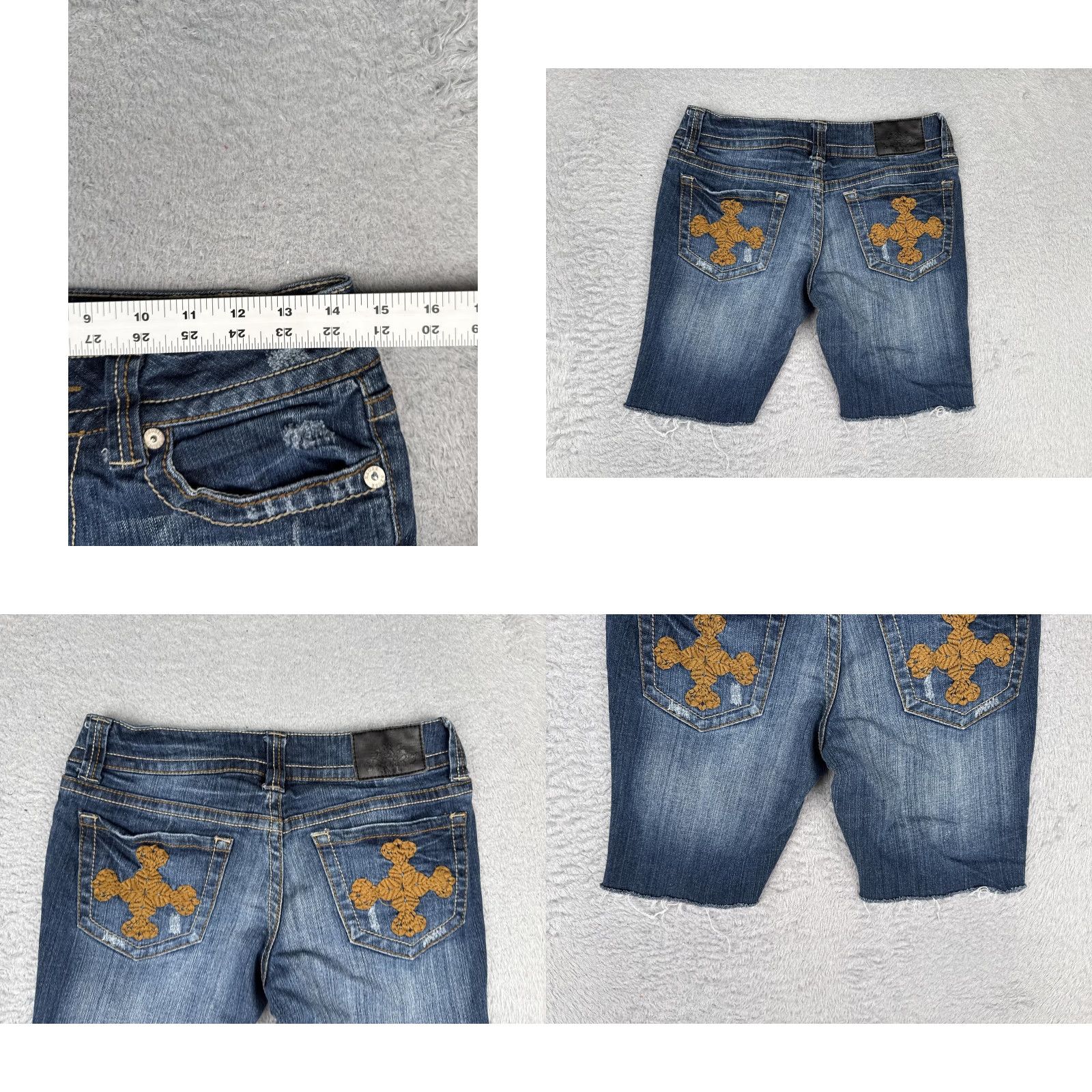 Denime R.E.U.S.E Denim Shorts Womens 28 Blue Cutoff Raw Hem Embroidered Distressed Cross Back Pockets Size 28" / US 6 / IT 42 - 9 Thumbnail