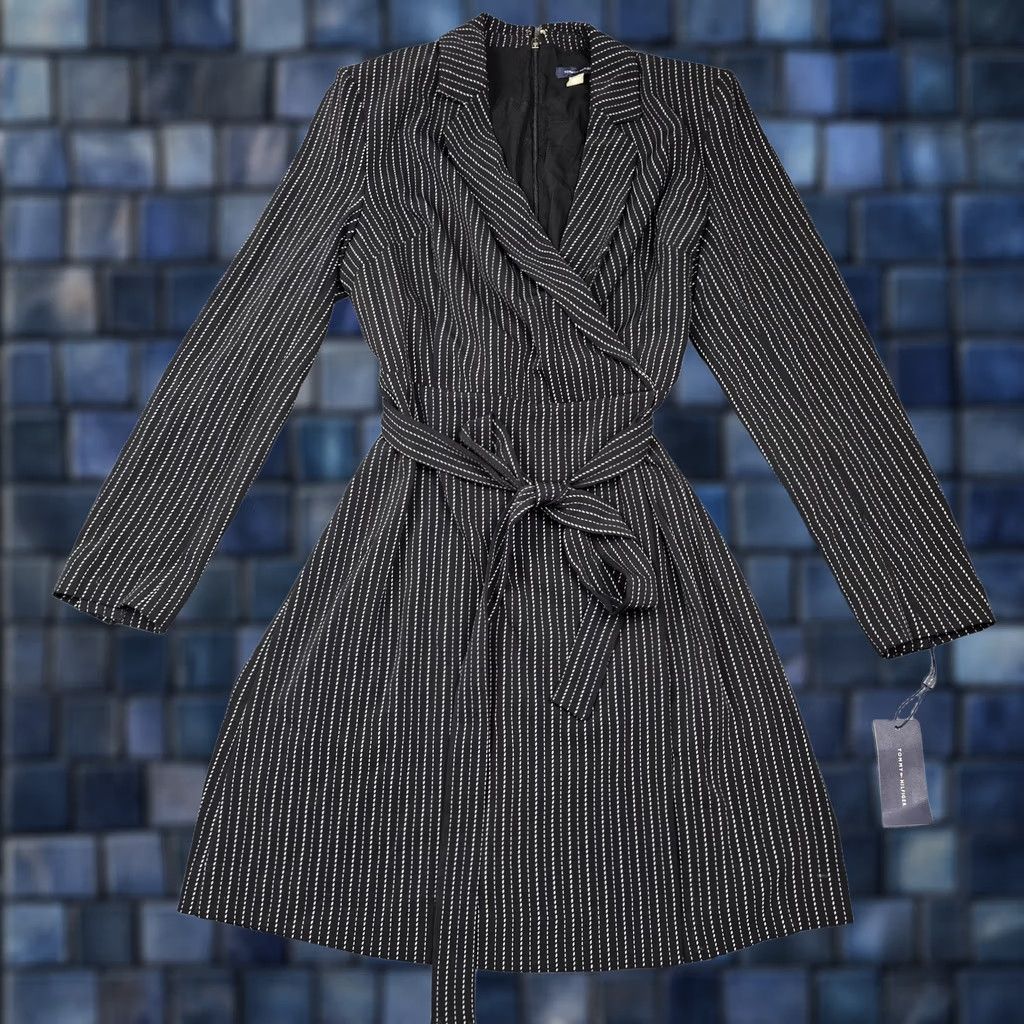 Tommy Hilfiger Tommy Hilfiger Dress Womens Black Stripe Wrap Sheath Belted Long Sleeve Work 10 Size L / US 10 / IT 46 - 1 Thumbnail