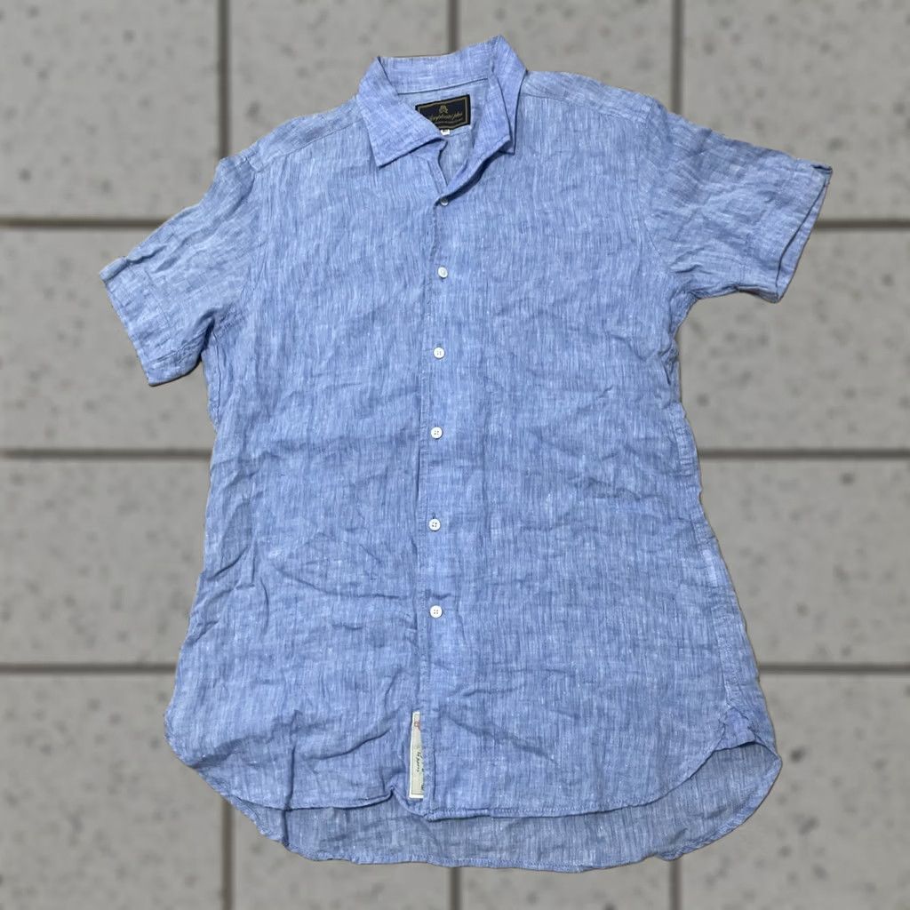 Vintage Simplicite Button-Up Shirt Men 40 Blue Linen Short Sleeve Casual Beach Nautical 90s Vintage Women? No Women. Mens Regular White? Wait. Size US M / EU 48-50 / 2 - 1 Thumbnail
