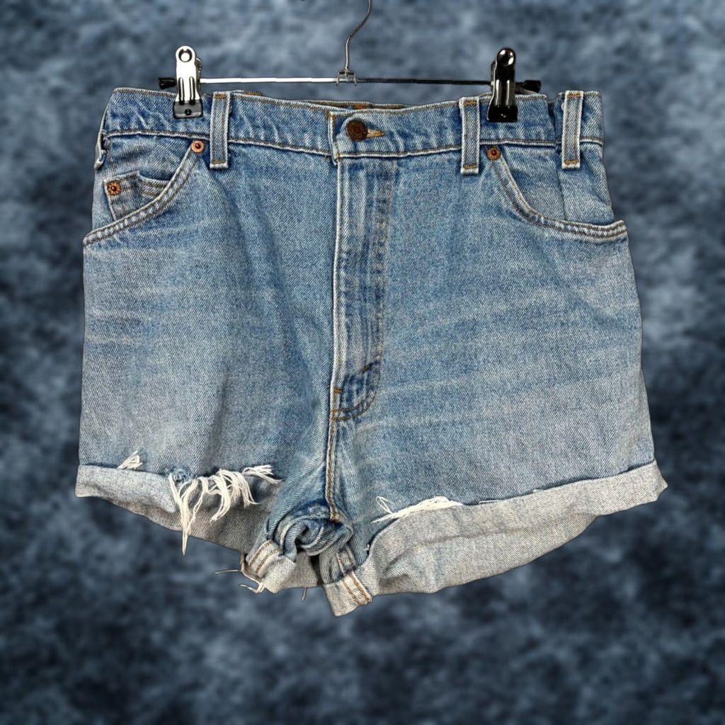 Levi's VINTAGE Levi's Womens 29 High-Rise Distressed Denim Shorts Raw Hem 550 Cut-Off Blue Denim Women's Shorts 29 Mens Girls Size 29" - 1 Thumbnail