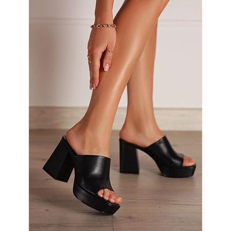 Other Coutgo Women's Size 7.5 Black Faux Leather 4" Platform Mules Size US 7.5 / IT 37.5 - 4 Thumbnail