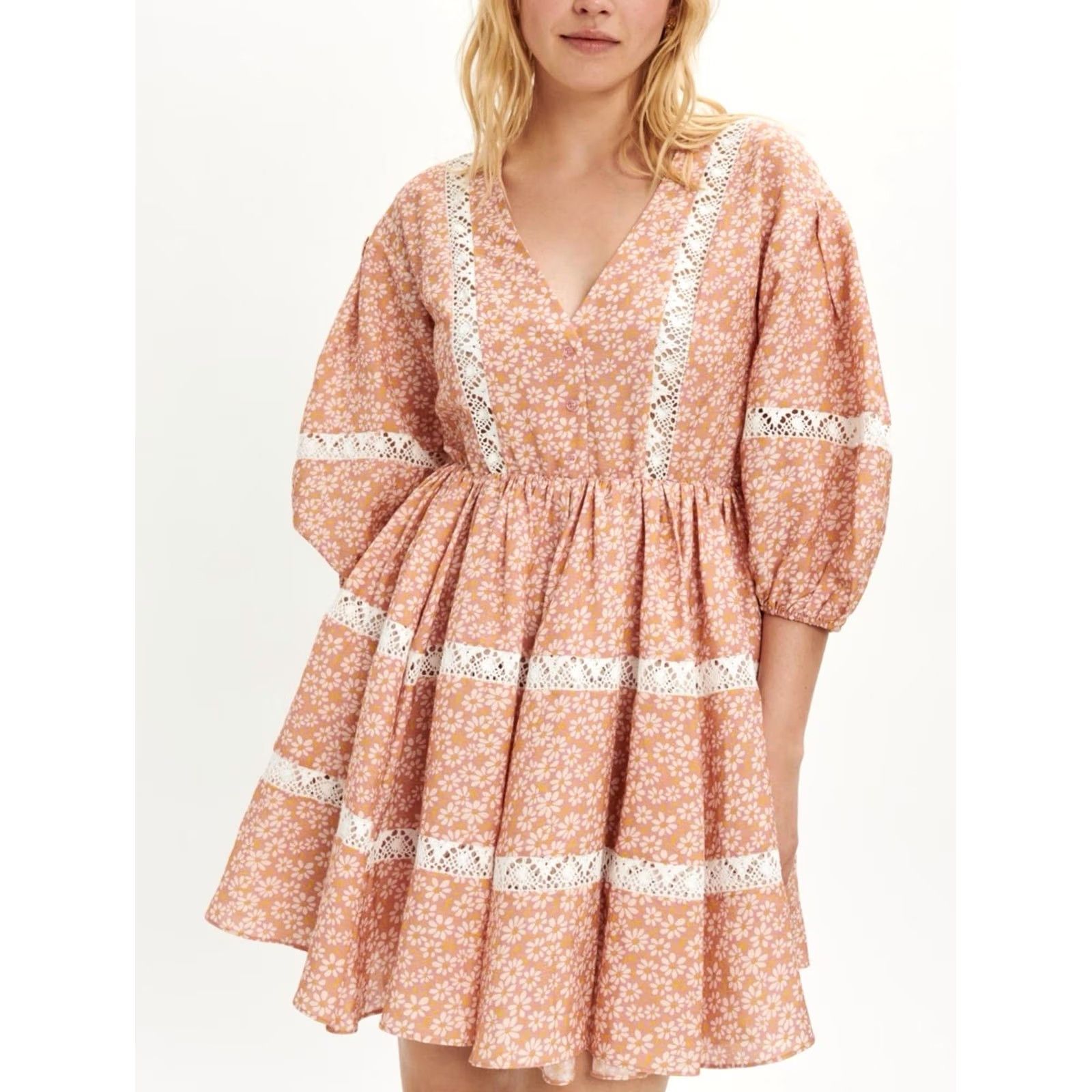 Maje Maje Rayanik Mini Dress Pink Floral Print Linen Blend 36 Midi Dress Women Vintage Floral Lace Pleated Girls Mens Size XS / US 0-2 / IT 36-38 - 2 Thumbnail