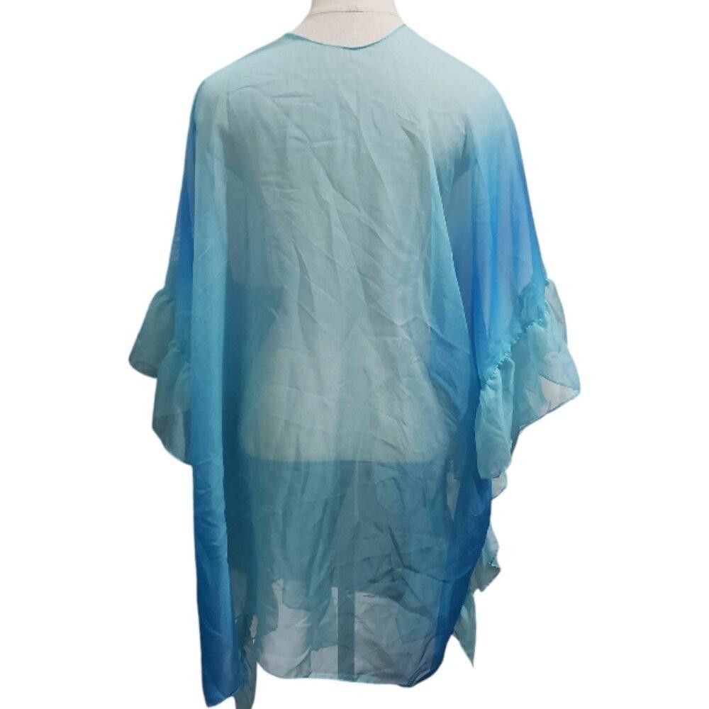 Designer CT1843 Sheer Aqua & Turquoisr Ruffle Trim Cover up OS Size ONE SIZE - 5 Thumbnail