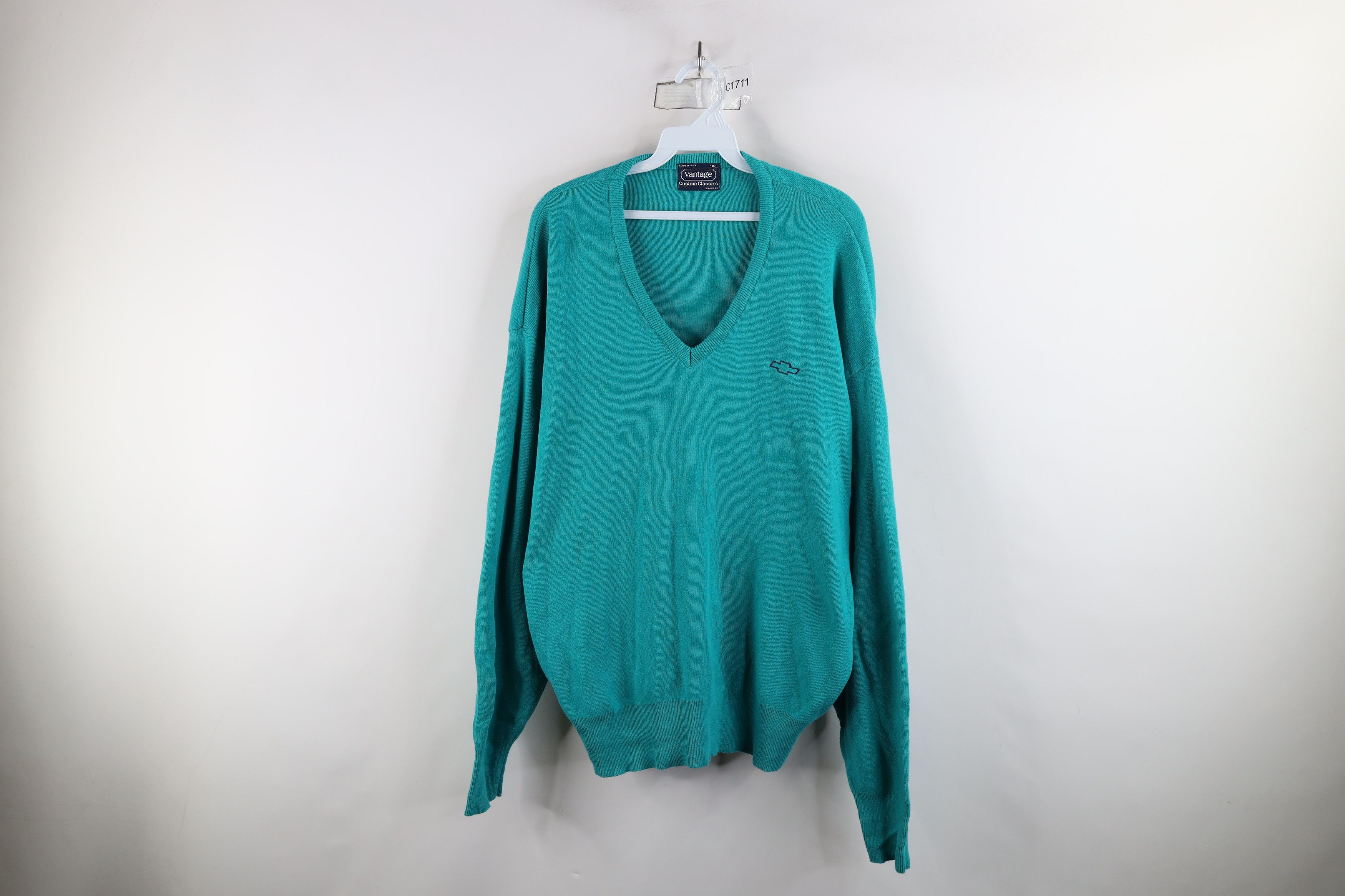 Vintage Vintage 80s 90s GM Chevrolet Knit V-Neck Sweater Teal USA Size US XL / EU 56 / 4 - 1 Thumbnail