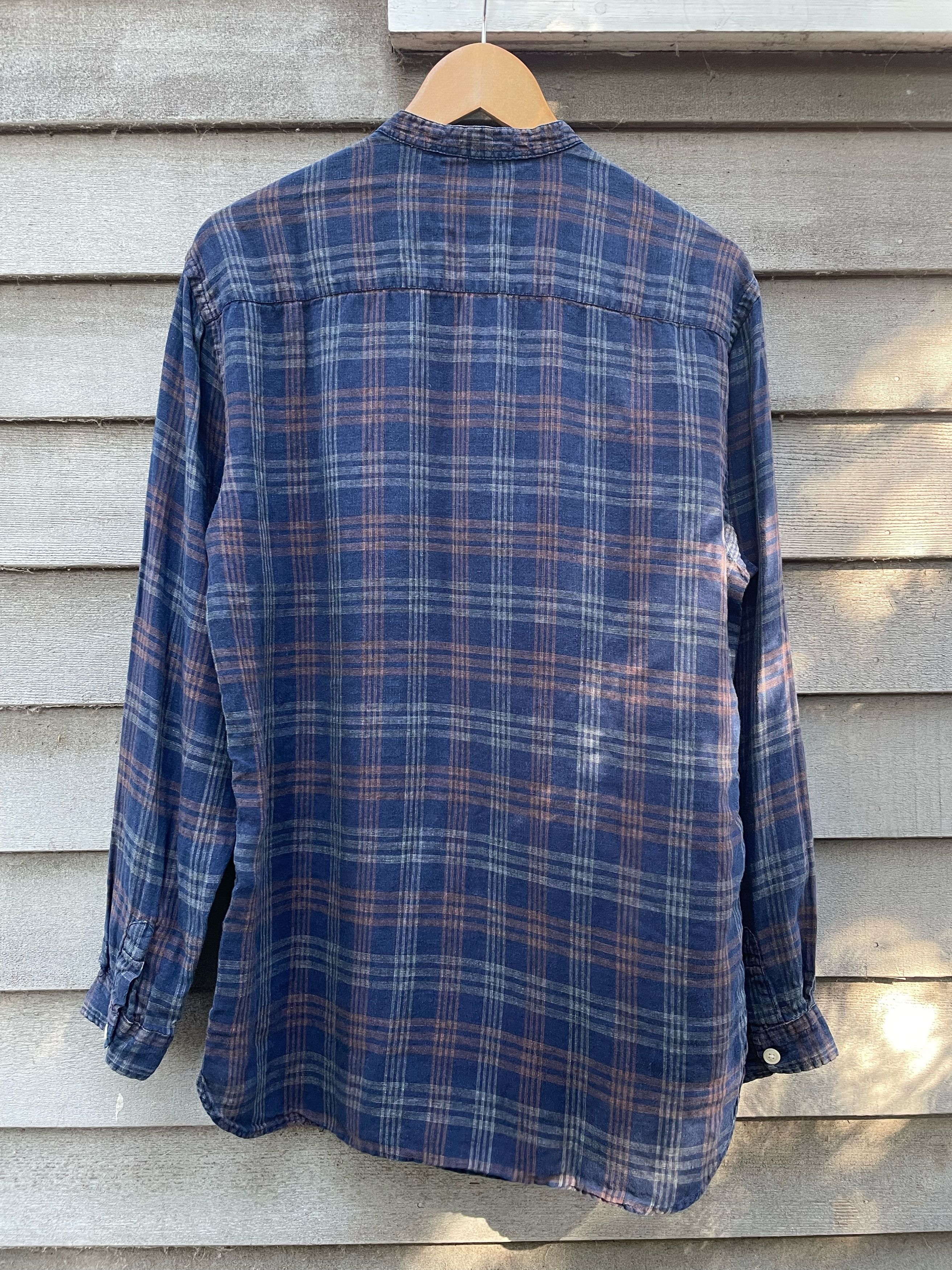 Oliver Spencer Linen Indigo Plaid Band Collar Shirt Size US M / EU 48-50 / 2 - 4 Thumbnail