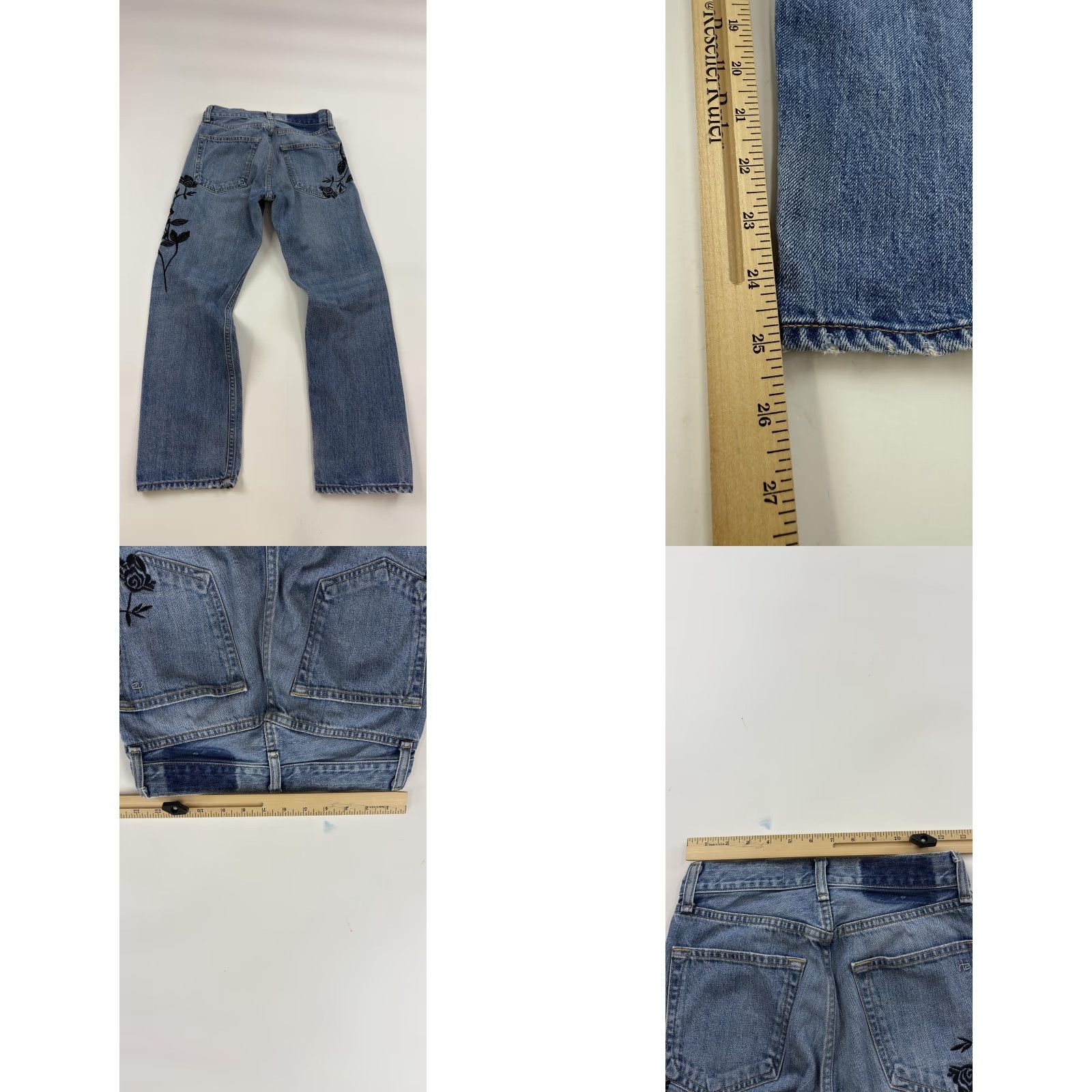 Rag & Bone VINTAGE rag & bone Women's Jeans 24 Blue Floral Embroidered Distressed Denim Medium Wash High Rise Pockets Size 42" / US 20 - 8 Thumbnail