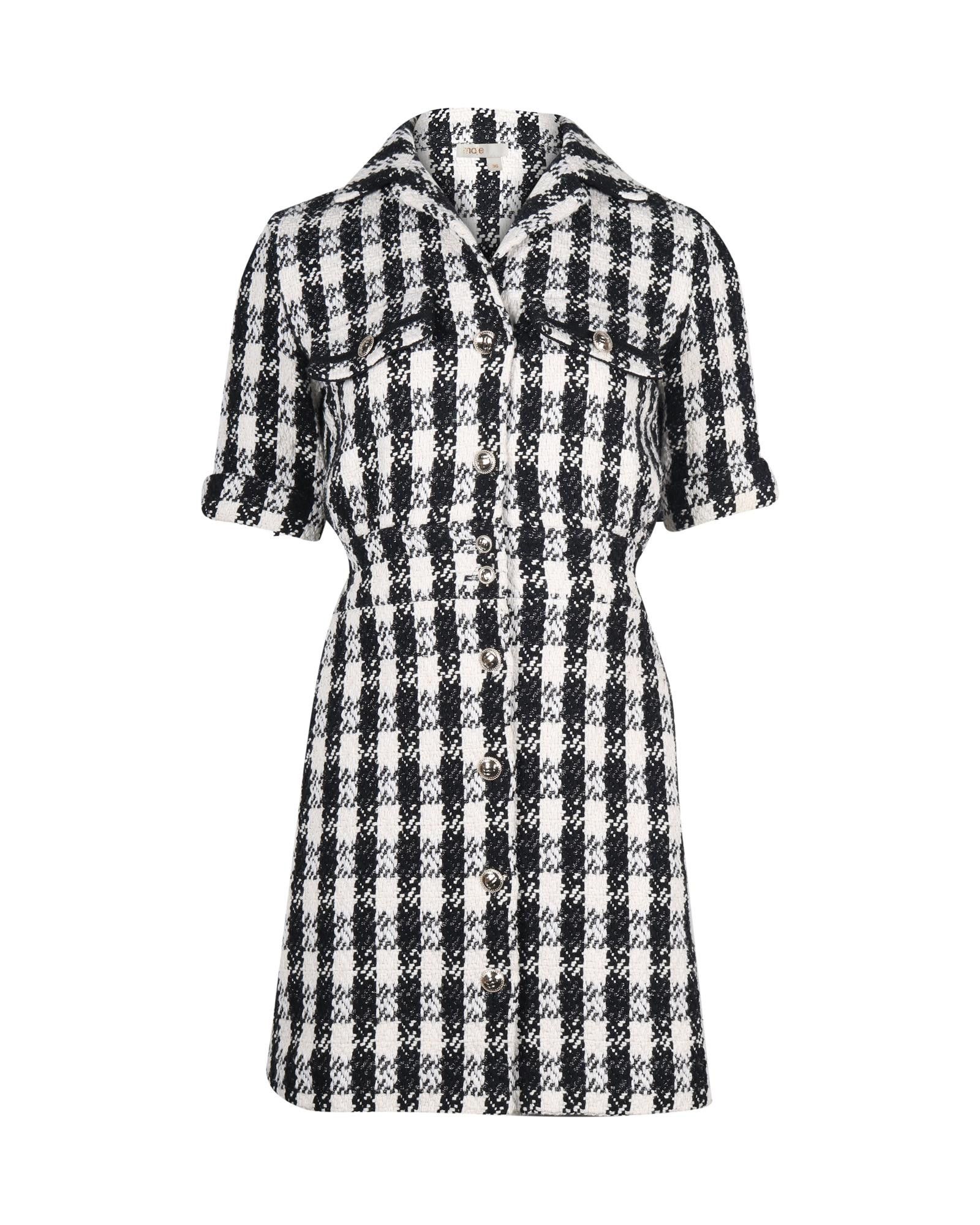 image of Maje Tweed-Style Mini Dress In Black And White Cotton, Women's (Size Small)