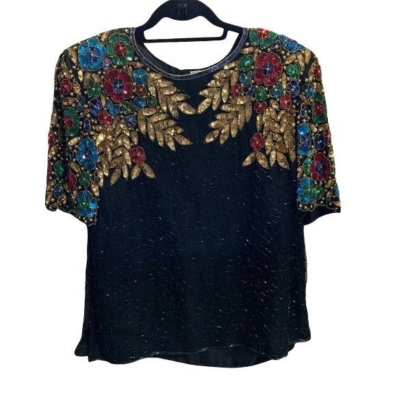 Vintage Vintage 100% Pure Silk Glamourous Hand Beaded Floral Sequine Size M / US 6-8 / IT 42-44 - 1 Thumbnail