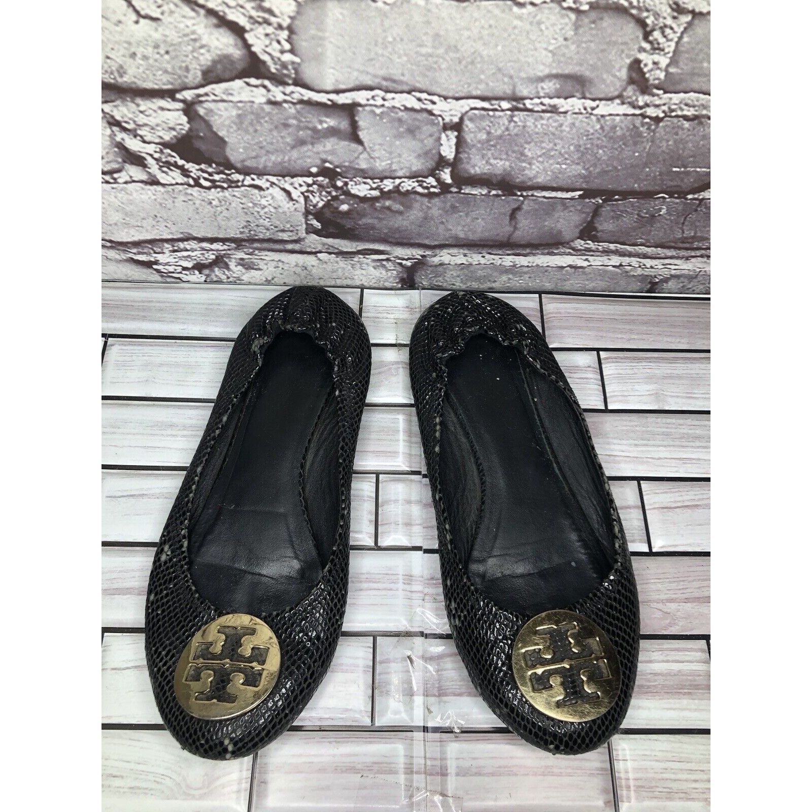 Tory Burch Tory Burch Reva Gold Logo Black Leather Snake Skin Ballet Fl Size US 7.5 / IT 37.5 - 12 Thumbnail