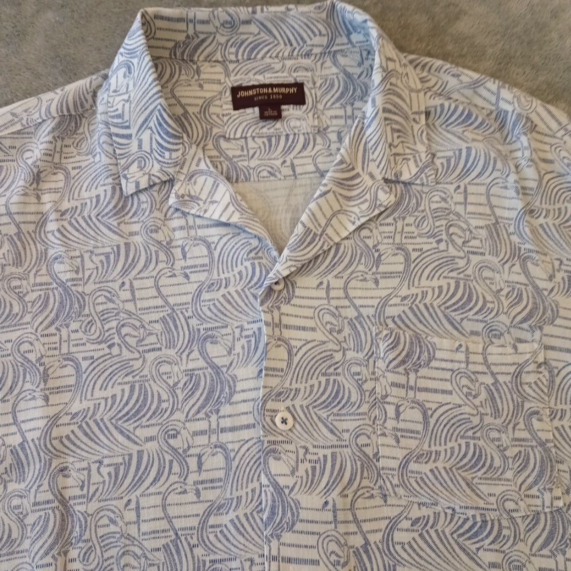 Johnston & Murphy Johnston & Murphy Shirt Mens L Blue Geometric Flamingos Button Up Rayon Shirt Men Blue Geometric Flamingos Button-Up Rayon Regular Fit Vintage? No. Size US L / EU 52-54 / 3 - 3 Thumbnail