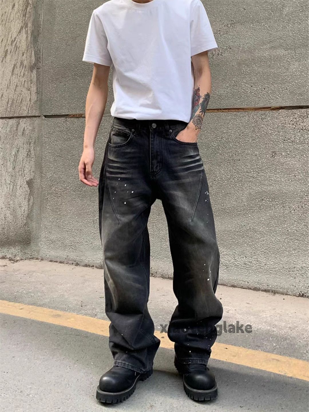 Jean Unisex washed faded loose baggy paint grunge pants Size US 32 / EU 48 - 7 Thumbnail
