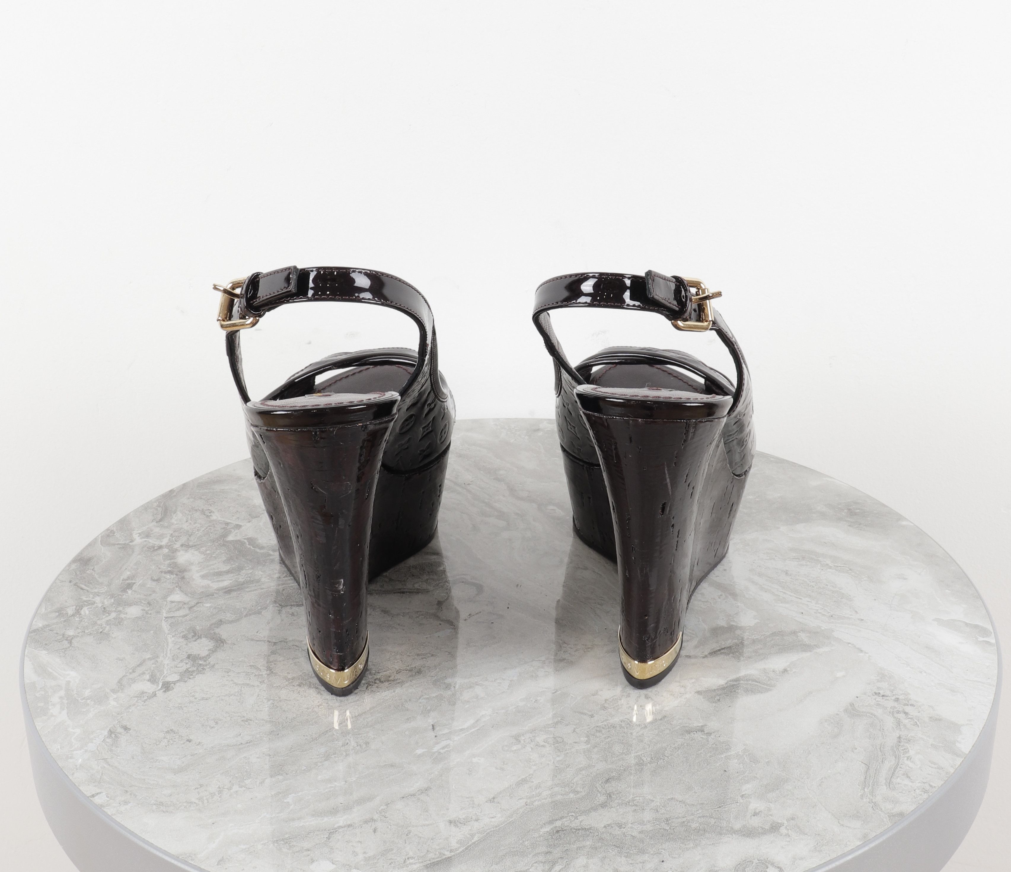 Louis Vuitton Louis Vuitton Monogram Patent Leather Burgundy Wedge Sandals Size US 7.5 / IT 37.5 - 15 Thumbnail