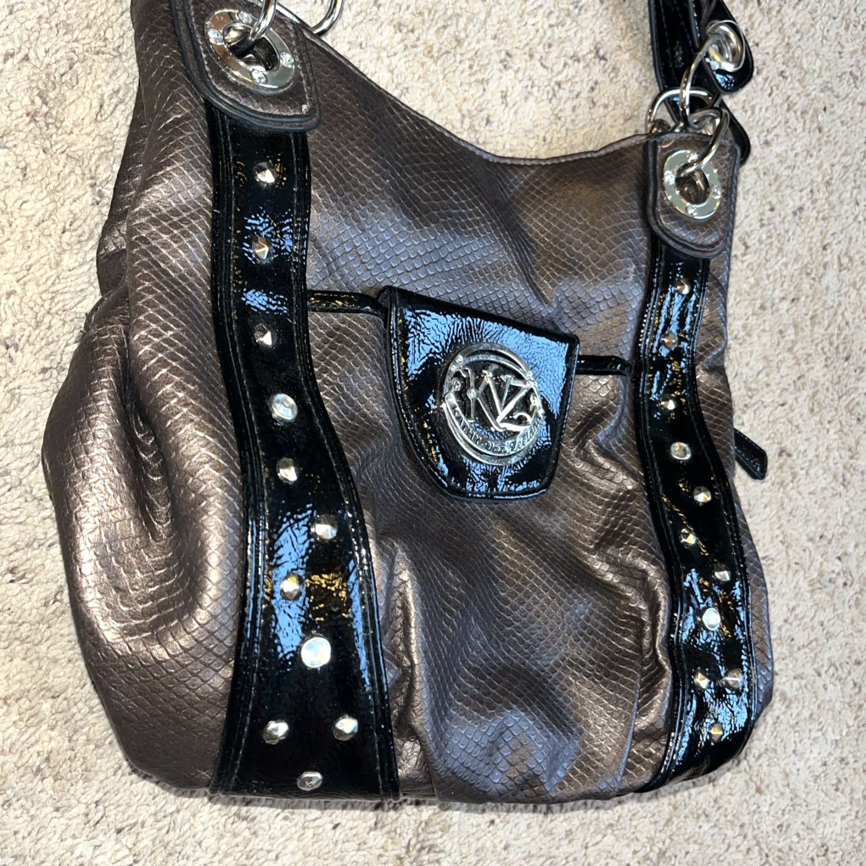 Doublet VINTAGE Kathy Van Zeeland Shoulder Bag Croc Embossed Brown Black Silver Studs Slouchy Boho Double Straps Size ONE SIZE - 5 Thumbnail