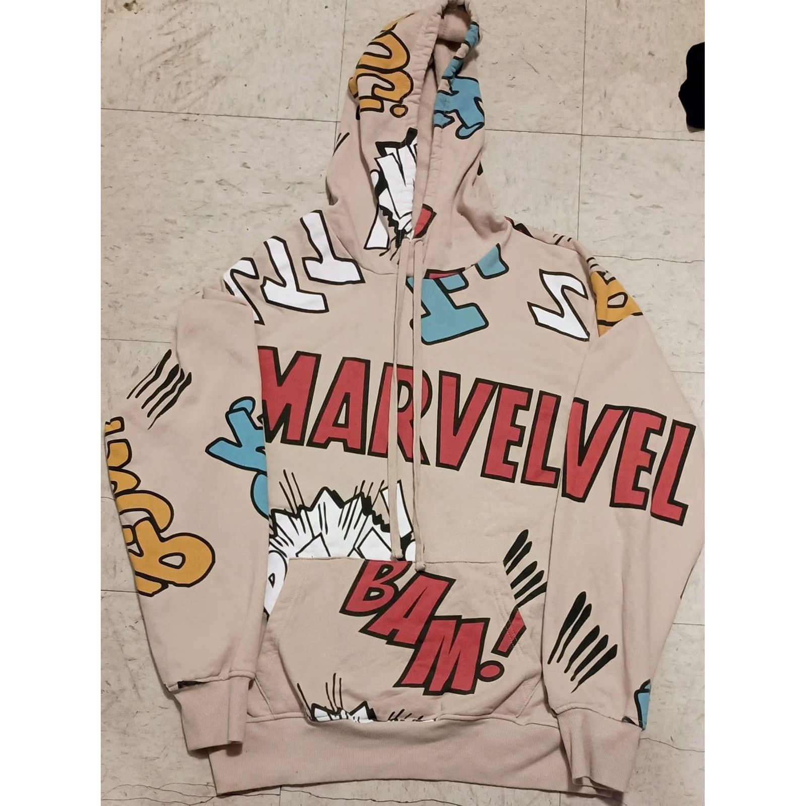 Vintage Marvel Hoodie Shirts Mens Beige Comics Theme Pullover AOP Bam Pow M Size Marvel Mens Pullover Hoodie Size US M / EU 48-50 / 2 - 2 Thumbnail