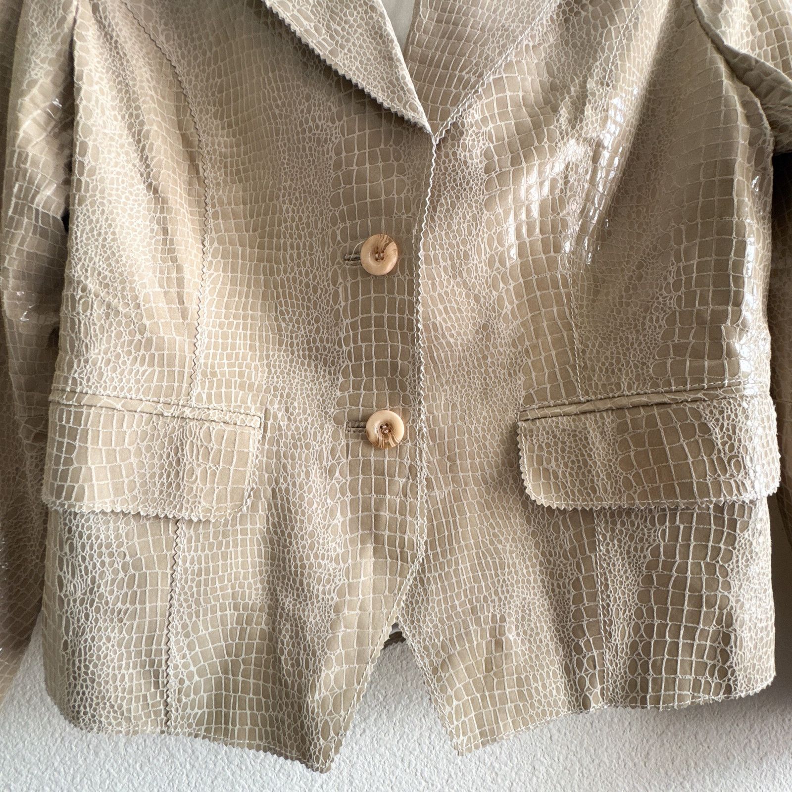 Other Croc Embossed Leather Blazer Jacket Beige Glossy Textured Size L / US 10 / IT 46 - 6 Thumbnail