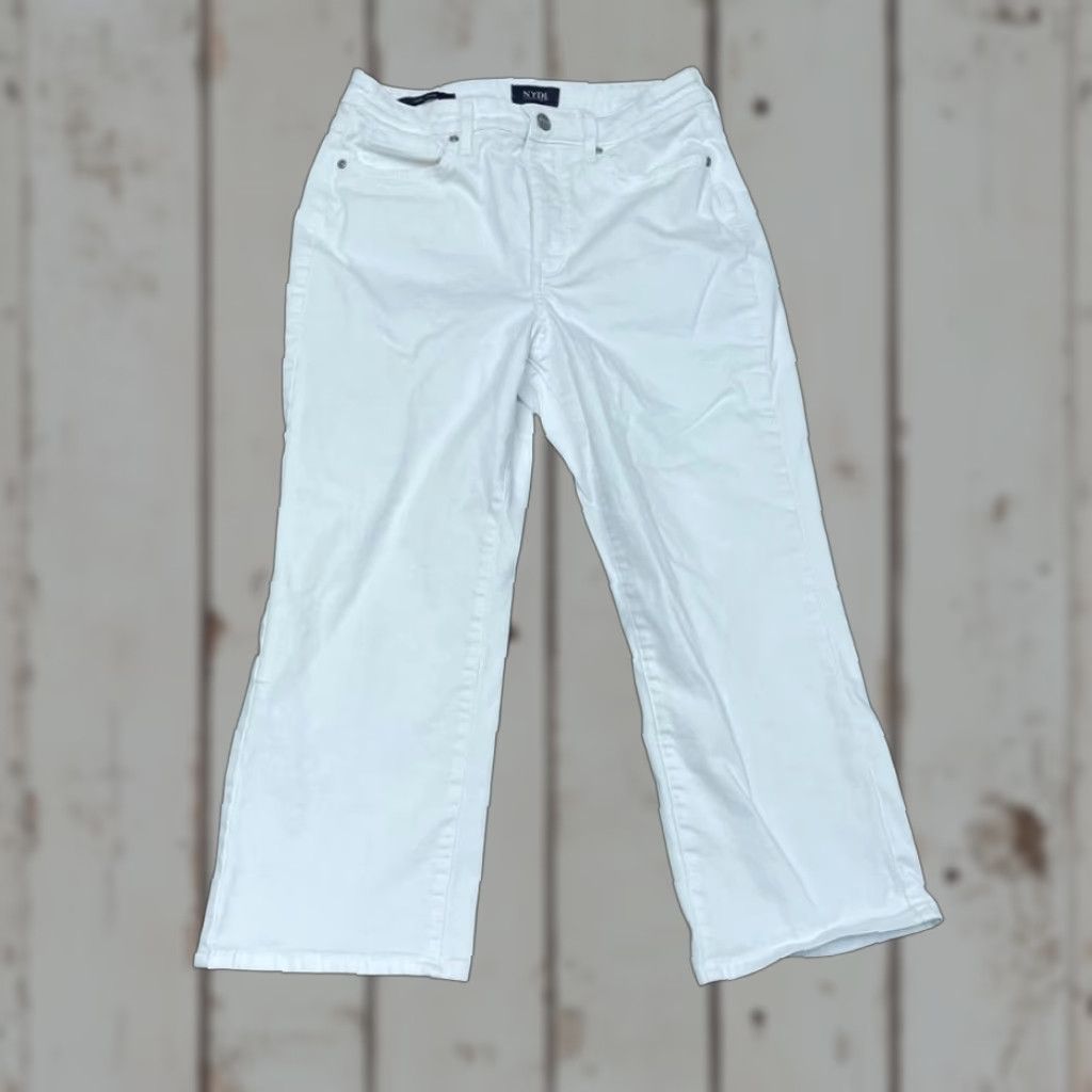 Nydj Womens White Denim Straight-Leg Jeans Size 6 Stretch Regular 5-Pocket Design Silvertone Hardware Mens? Wait