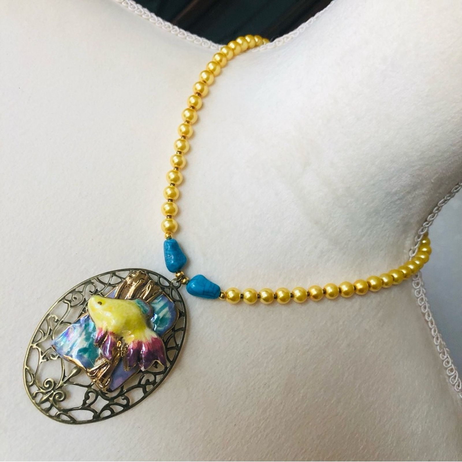 Handmade Handcrafted repurpose ceramic fish filigree Pearl necklace Size ONE SIZE - 1 Thumbnail