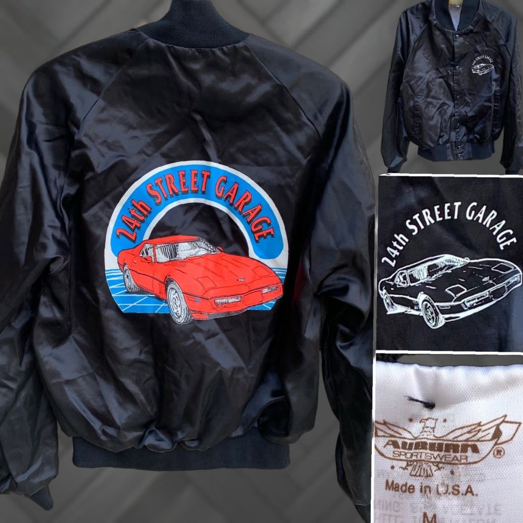 Garage VINTAGE Auburn Sportswear Jacket Men M Black Satin Neon Corvette Graphics 24th Street Garage US Made Snap Closure Logo Varsity Retro 80s 90s Cars Size US M / EU 48-50 / 2 - 1 Thumbnail