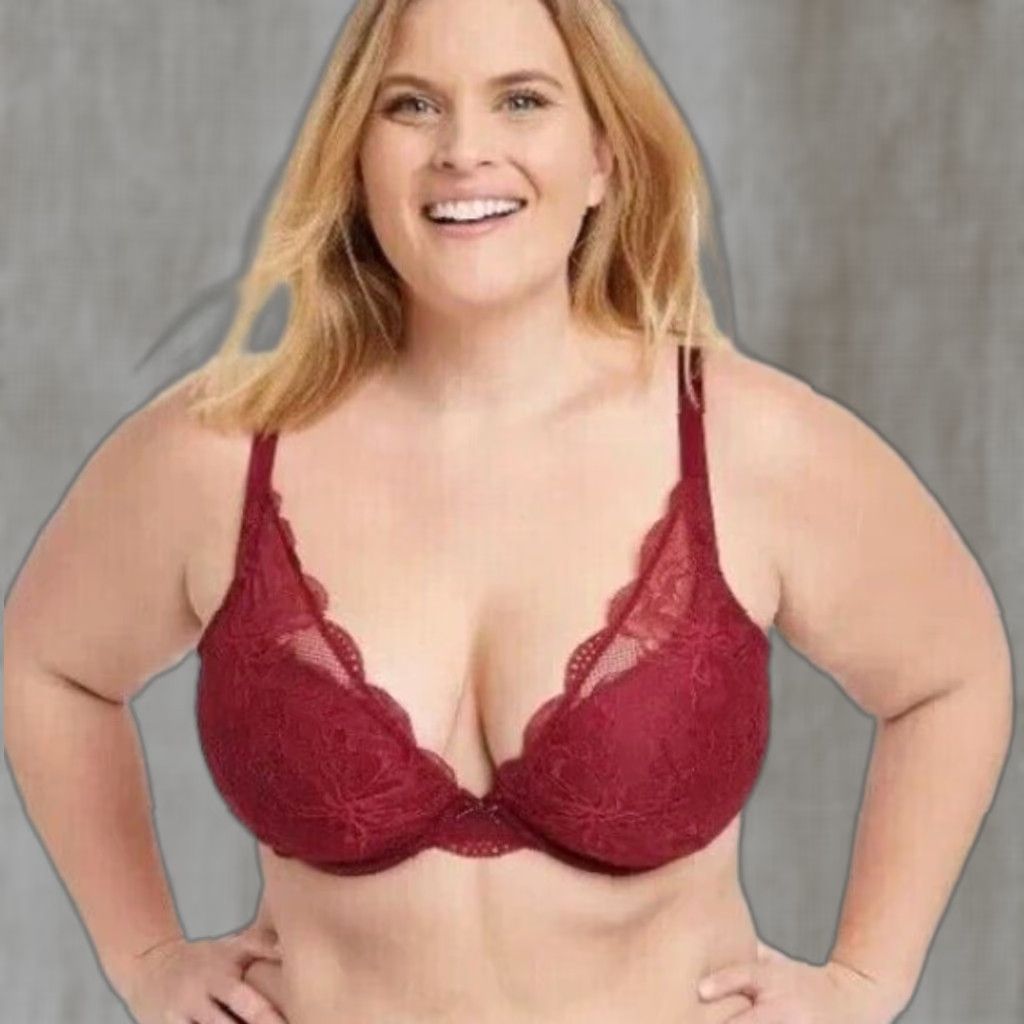 Vintage Auden Lace Plunge Push-Up Bra 42Dd In Wine Berry Red Floral Womens
