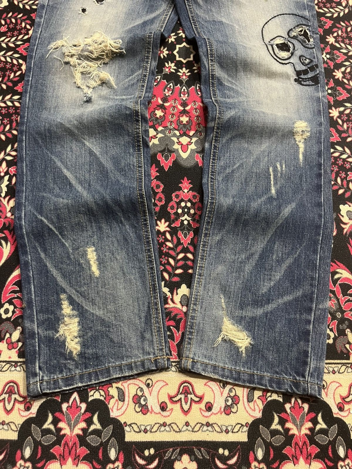 Hysteric Glamour Vintage Lolita “Doodles Skull” Distressed Blue Washed Jeans Size US 32 / EU 48 - 12 Thumbnail