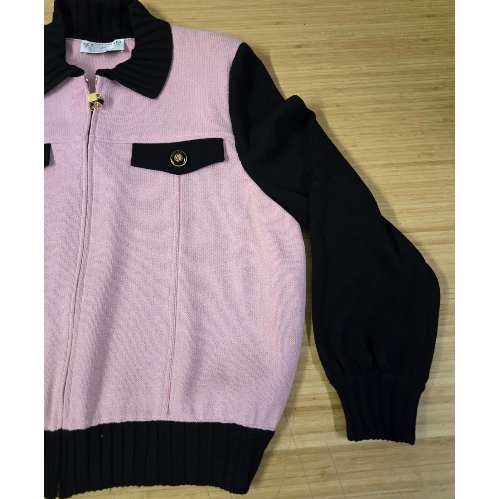 St. John VINTAGE St John Collection Sweater Womens Large Pink Black Zip Cardigan Jacket Gold Zip Size L / US 10 / IT 46 - 2 Thumbnail