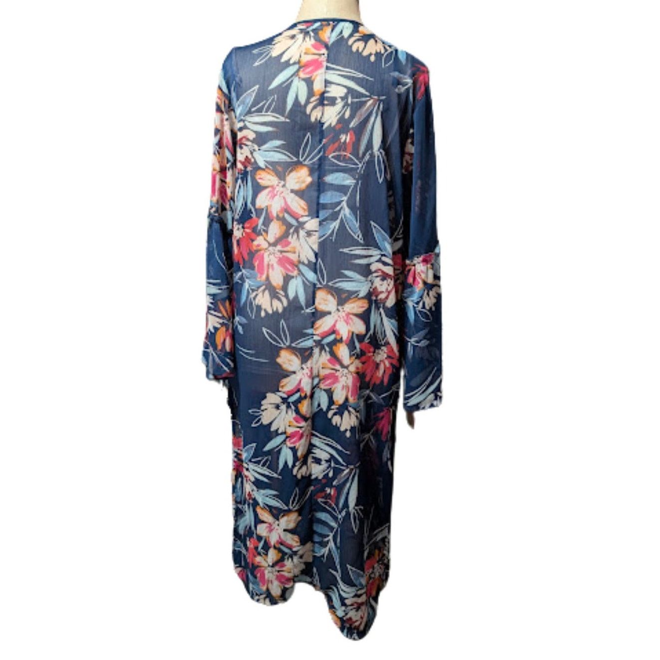 Unknown London Band of Gypsies Navy Floral Semi Sheer Bell Sleeve Duster XS Size XS / US 0-2 / IT 36-38 - 2 Thumbnail