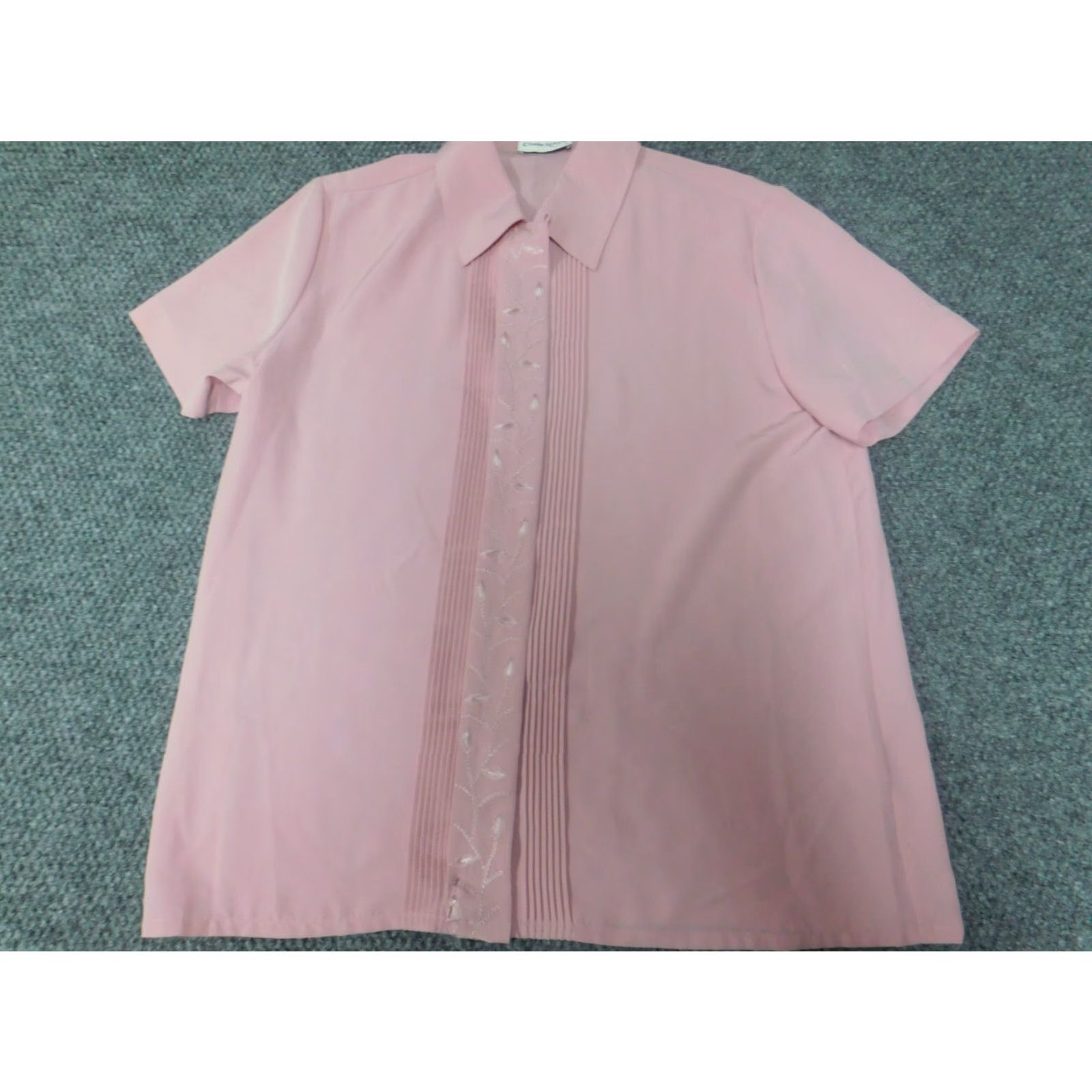 Vintage Claudia Richard Womens Button-Up Shirt Blouse 10 Pink Short Sleeve Collared Ruffle Casual Regular Basic Classic Size L / US 10 / IT 46 - 3 Thumbnail