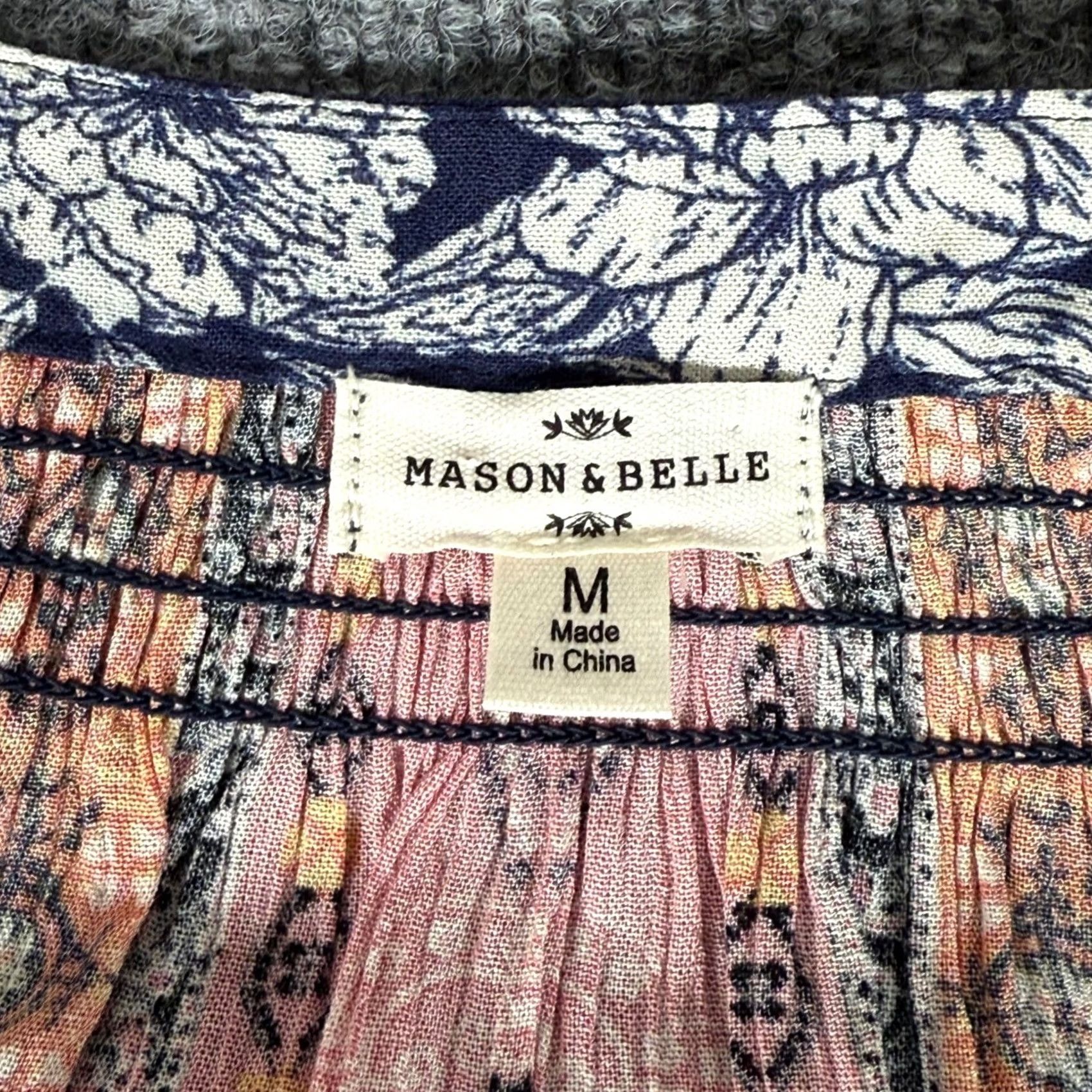 Vintage VINTAGE? No — Mason & Belle Boho Floral Tunic Blouse Blue M Women Long Sleeve V-Neck Lightweight Elastic Waist Casual Festival Hippie 90s? Size M / US 6-8 / IT 42-44 - 2 Thumbnail