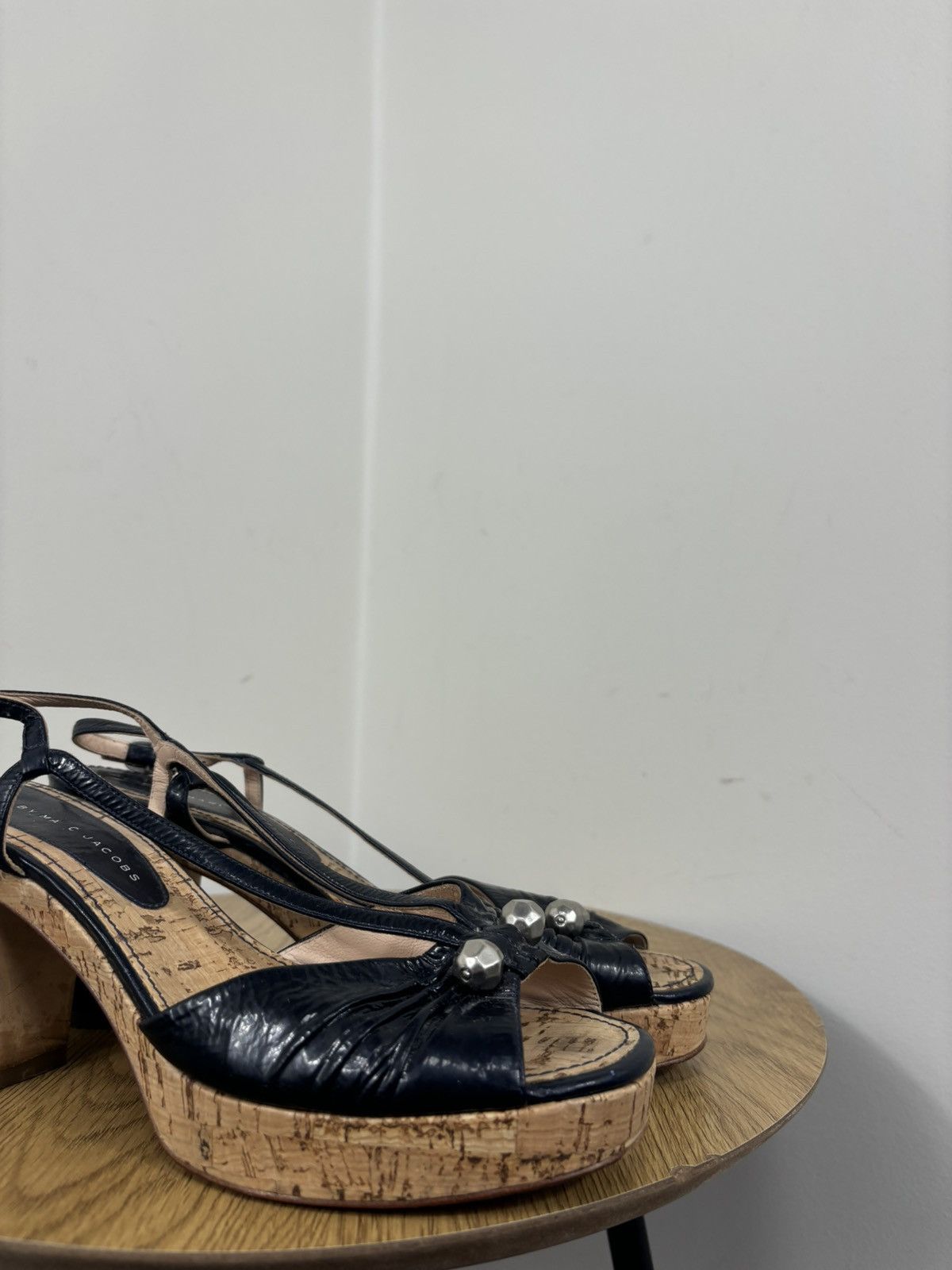 Marc by Marc Jacobs Marc By Marc Jacobs Navy Leather Cork Block Heel Sandals Size US 9.5 / IT 39.5 - 5 Thumbnail