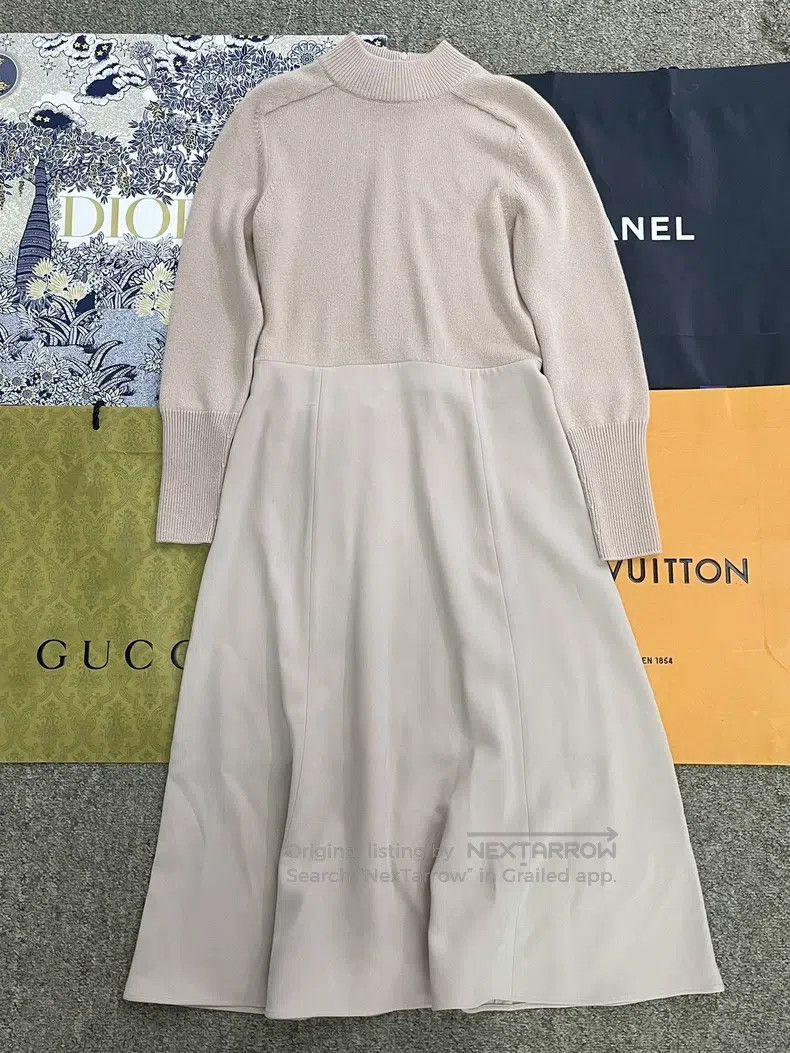 LORO PIANA Nude Pink Knit Patchwork Long Sleeve Dress