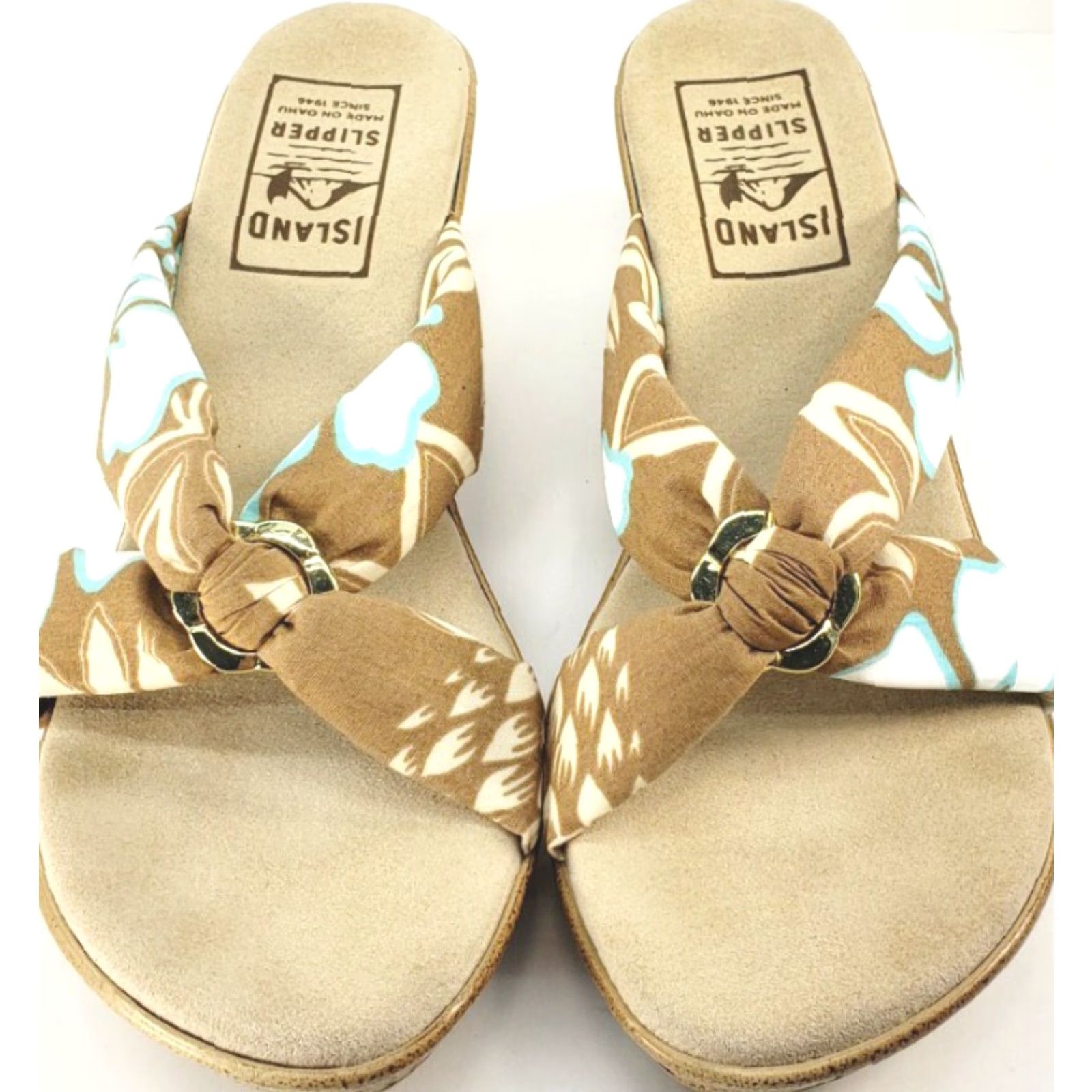 Vintage Island Slipper Sandal Women's 10M Brown Blue White Tropical Floral Patterned Fabric Straps Slide Wedge Sandal Size US 10 / IT 40 - 3 Thumbnail