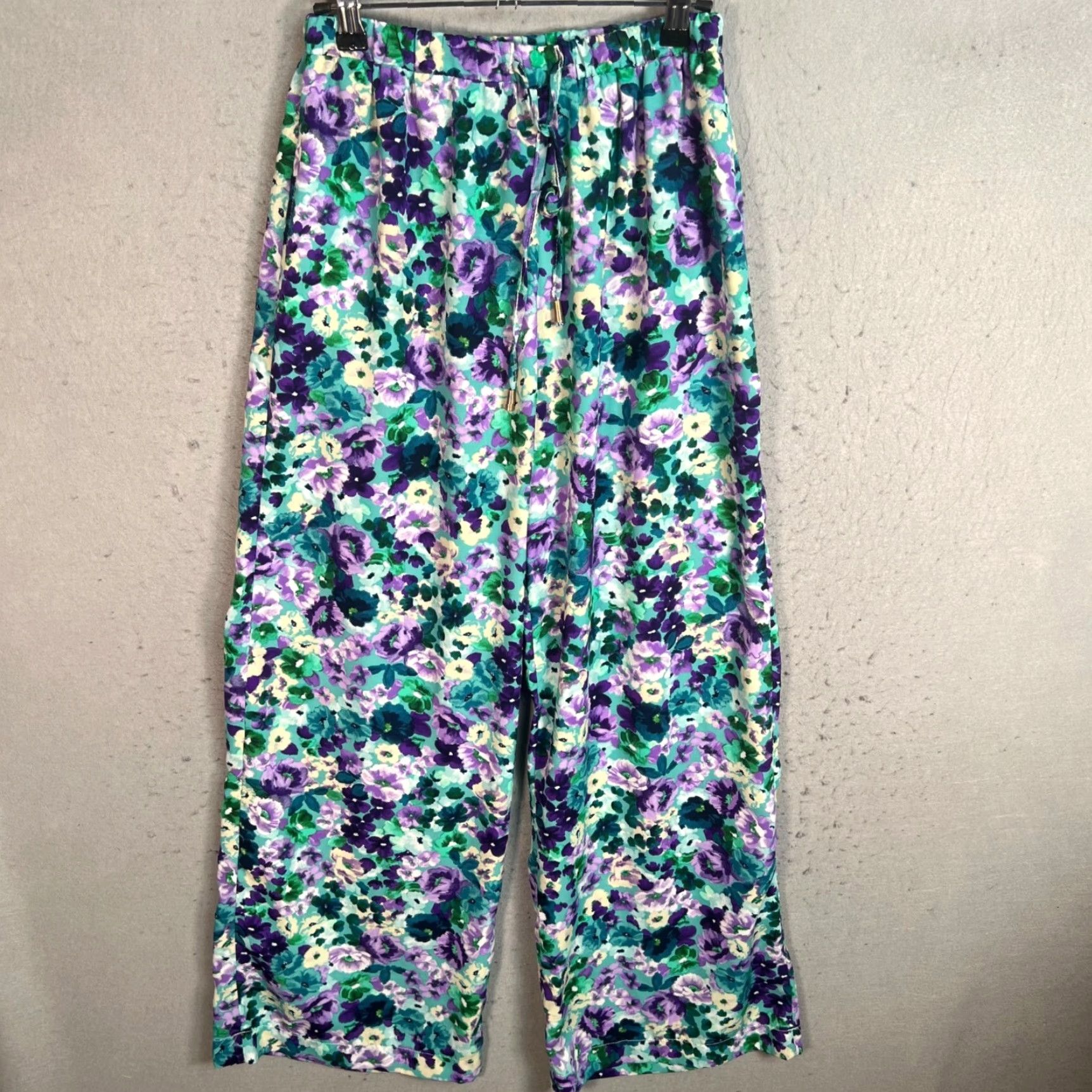 Vintage VIE TA VIE Paris Floral Print Pants Polyester Womens Size 2 - Purple Wide-Leg Ankle 28in Inseam 26in Waist Vintage/Used Size 26" / US 2 / IT 38 - 2 Thumbnail