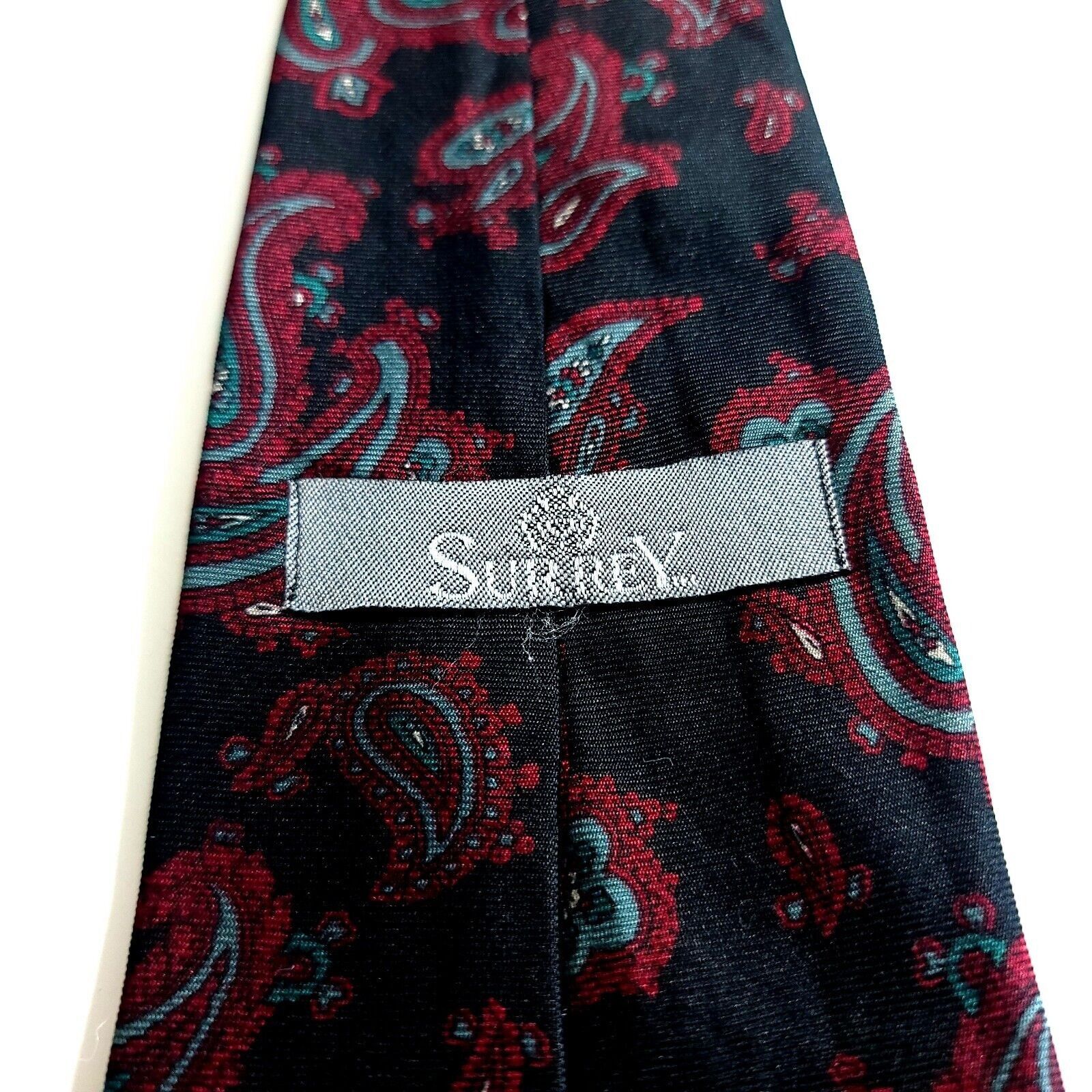 Vintage Surrey Black Red Green Paisley Print Short Wide Silk Tie Size ONE SIZE - 3 Thumbnail