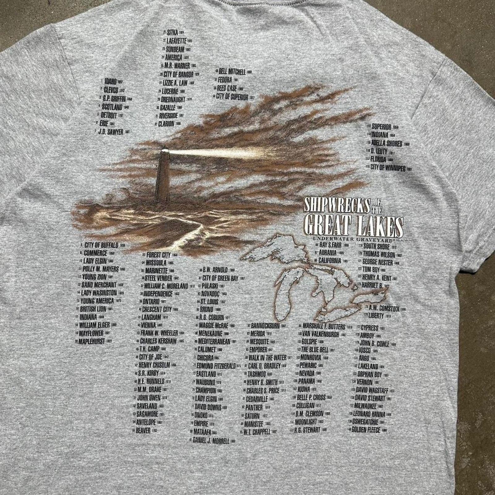 Anvil Vintage 90s Shipwrecks of The Great Lakes Tee Grey AOP Shirt Size US L / EU 52-54 / 3 - 4 Thumbnail