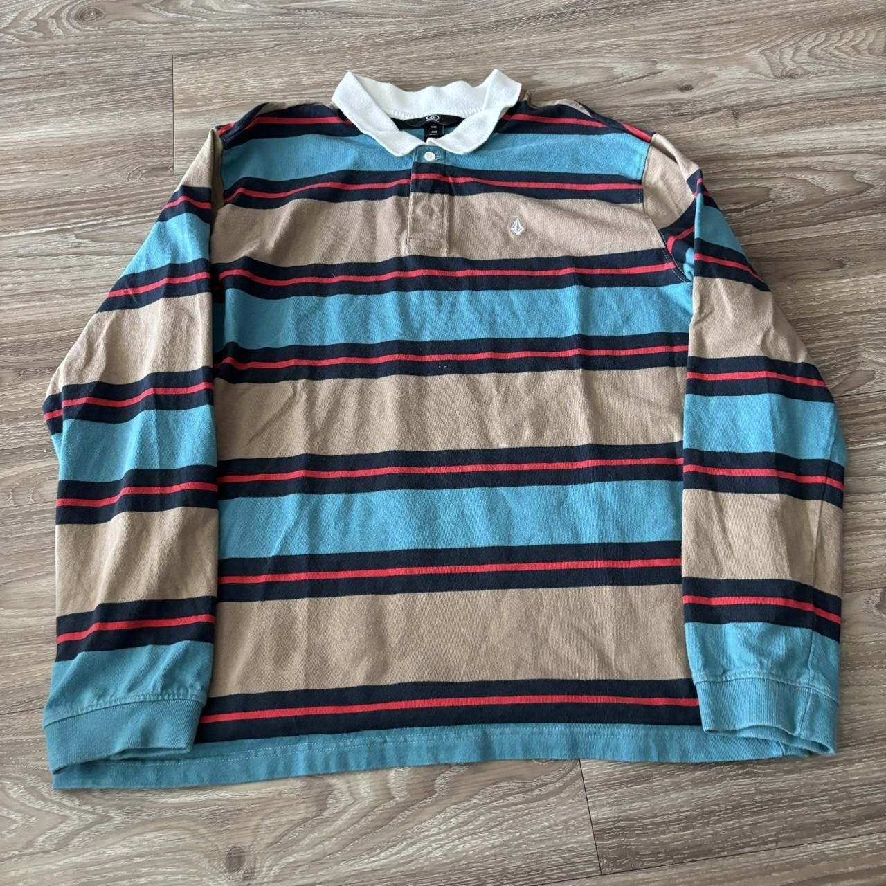 Volcom Crazy Vintage Y2K/2000s Brown Blue Striped Rugby Polo Shirt! Size L Size US L / EU 52-54 / 3 - 1 Thumbnail