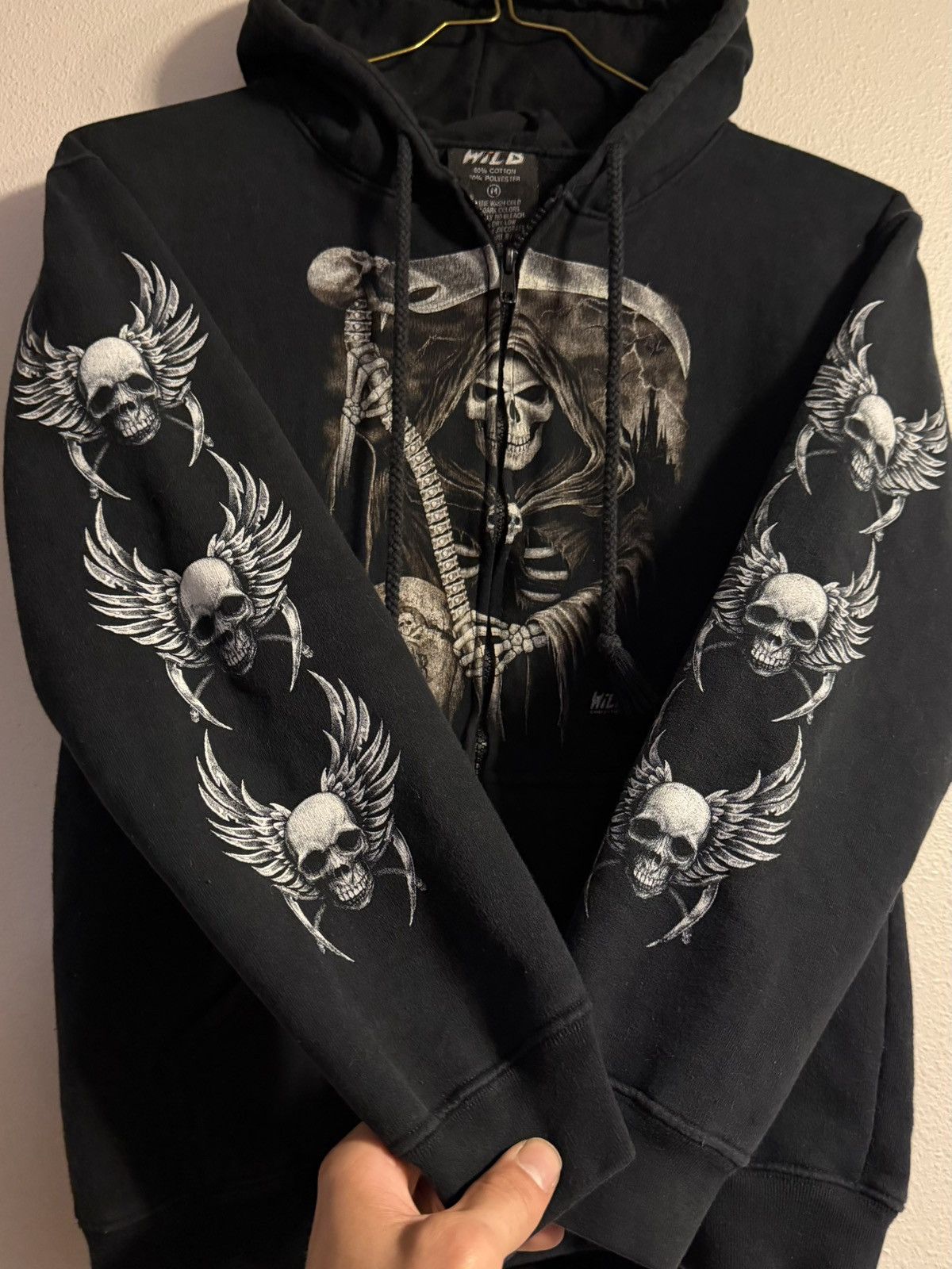 Vintage vtg y2k grim reaper skull zip up hoodie w/ sleeve hits Size US M / EU 48-50 / 2 - 4 Thumbnail