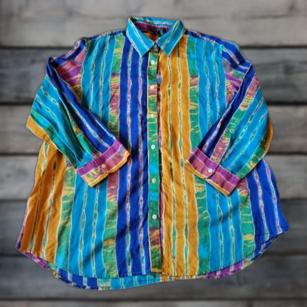 Ralph Lauren Lauren Ralph Lauren Women's Tie Dye Button-Up Blouse XL Multicolor Cotton Bohemian Festival Summer Spring Fall Size XL / US 12-14 / IT 48-50 - 1 Thumbnail