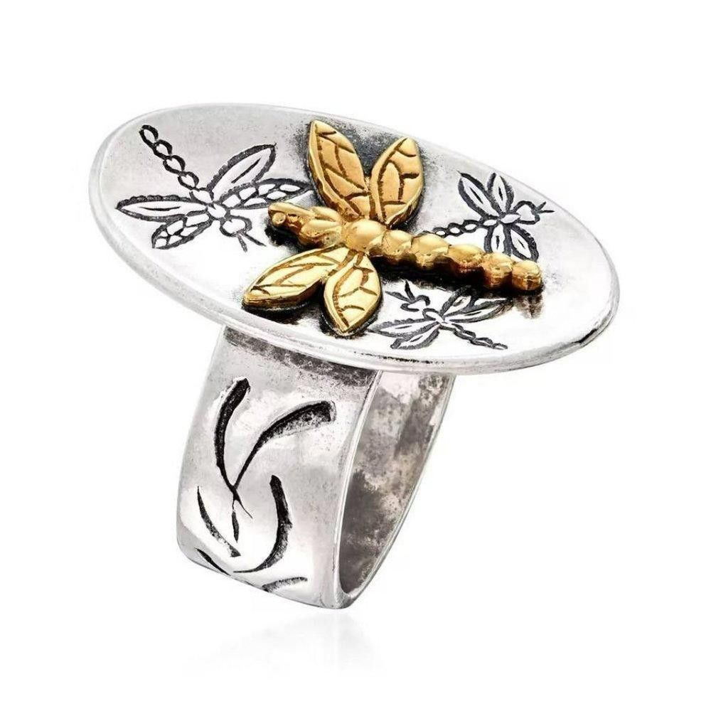 Designer Sterling Silver Oval Golden Dragonfly Signet Ring - Size 5 Size ONE SIZE - 3 Thumbnail