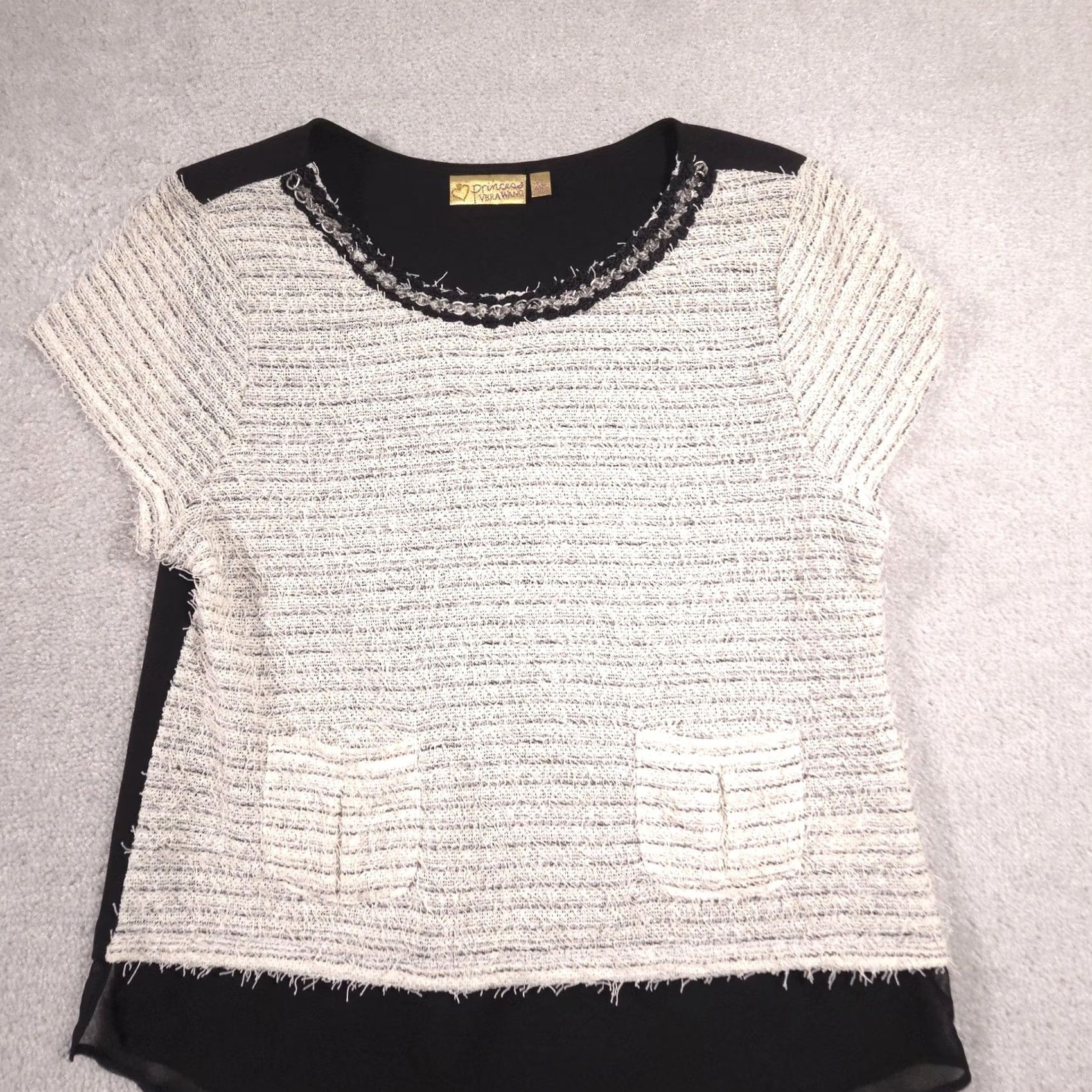 Vintage Princess Vera Wang Shirt Juniors XL Black Tweed Stripe Beaded Short Sleeve Top Size XL / US 12-14 / IT 48-50 - 3 Thumbnail