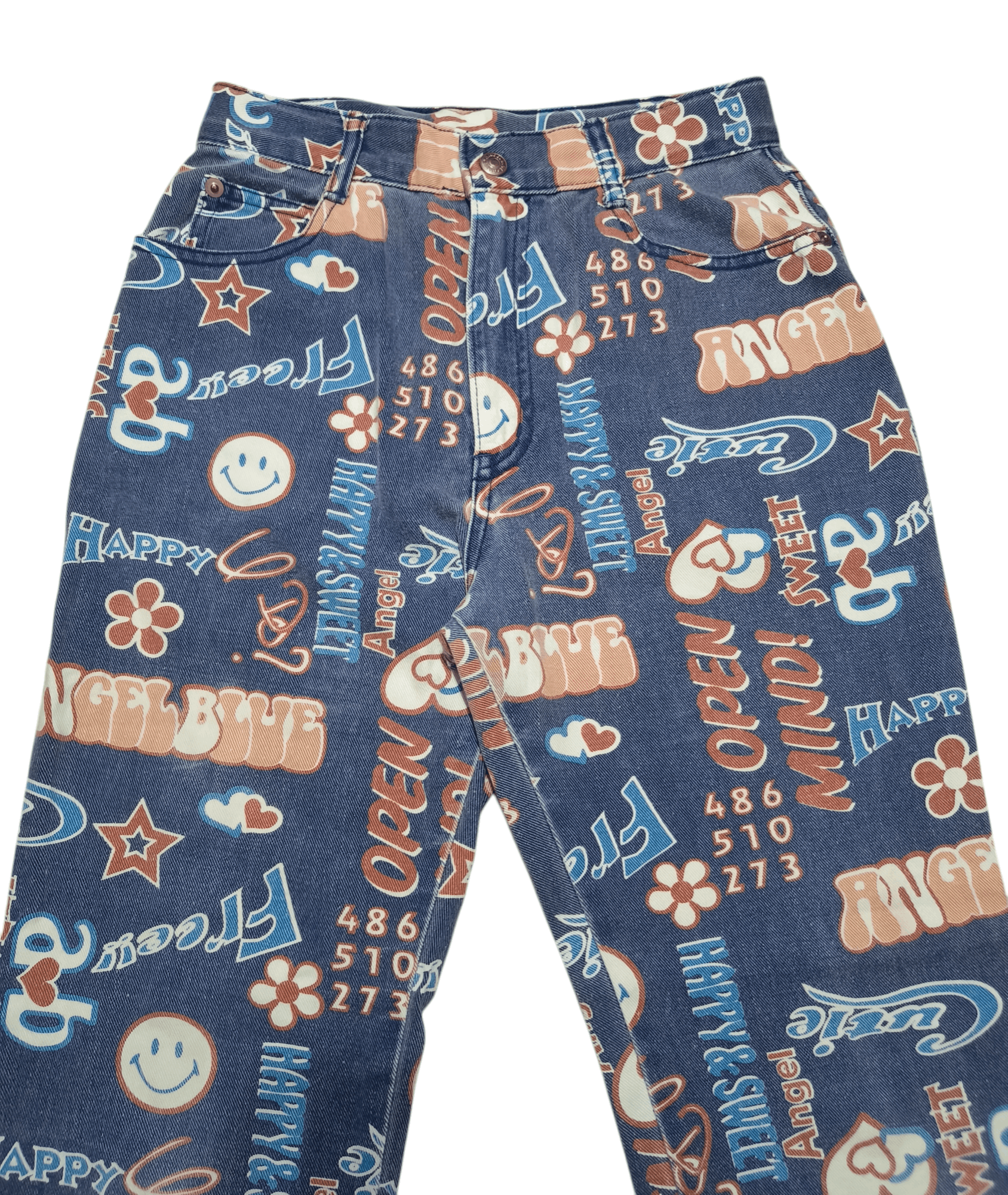 Vintage Y2K ANGEL BLUE Emoji Printed AOP Stretch Jeans Pants