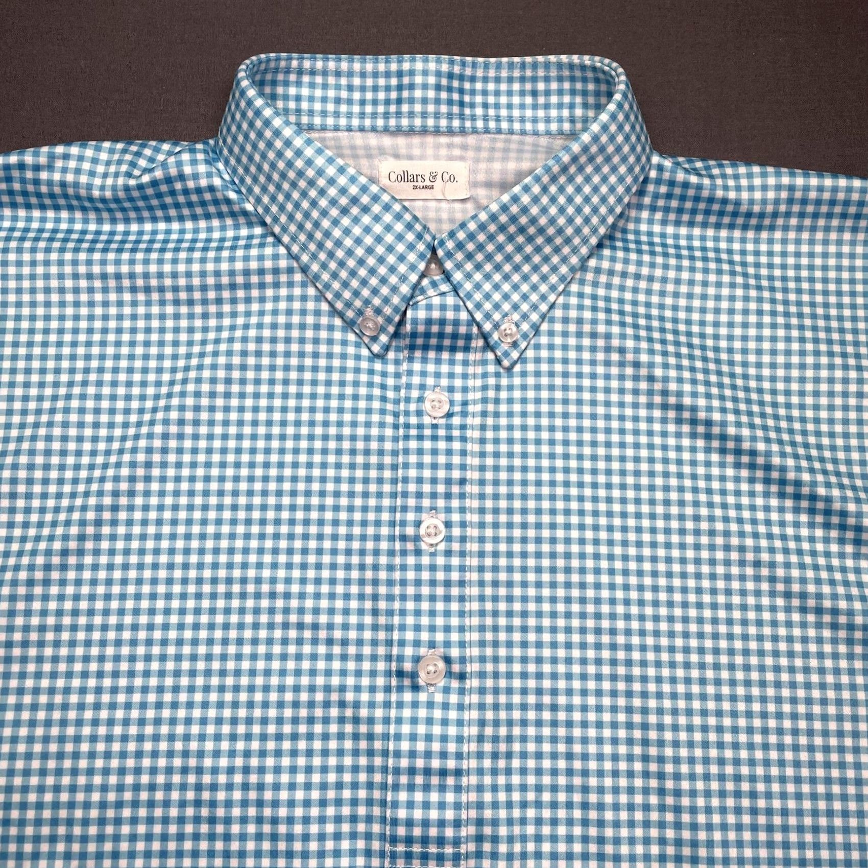 Vintage Collars & Co. Shirt Mens 2XL Blue Check Short Sleeve Polo Polyester Dress Collar Button-Up Shirt Size 48R - 3 Thumbnail