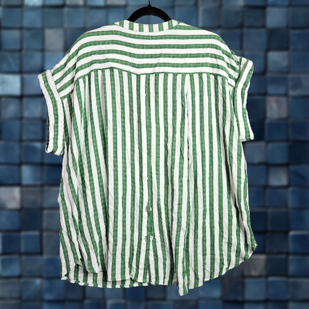 Vintage Jane + Delancey Blouse Shirt Women L Green White Striped Button Back Short Sleeve Casual Top Size L / US 10 / IT 46 - 1 Thumbnail