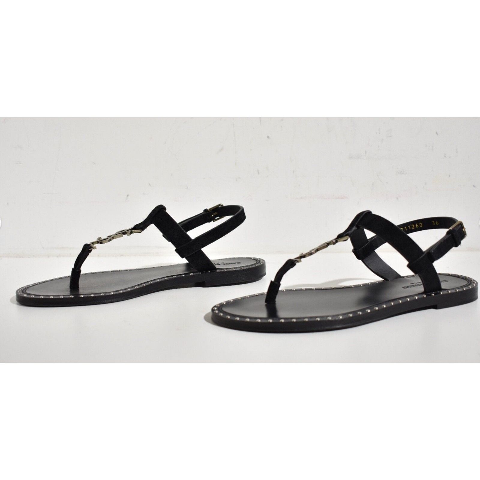 Yves Saint Laurent Saint Laurent YSL Logo Iota 05 Black Suede Studded Thong Size US 7 / IT 37 - 10 Thumbnail