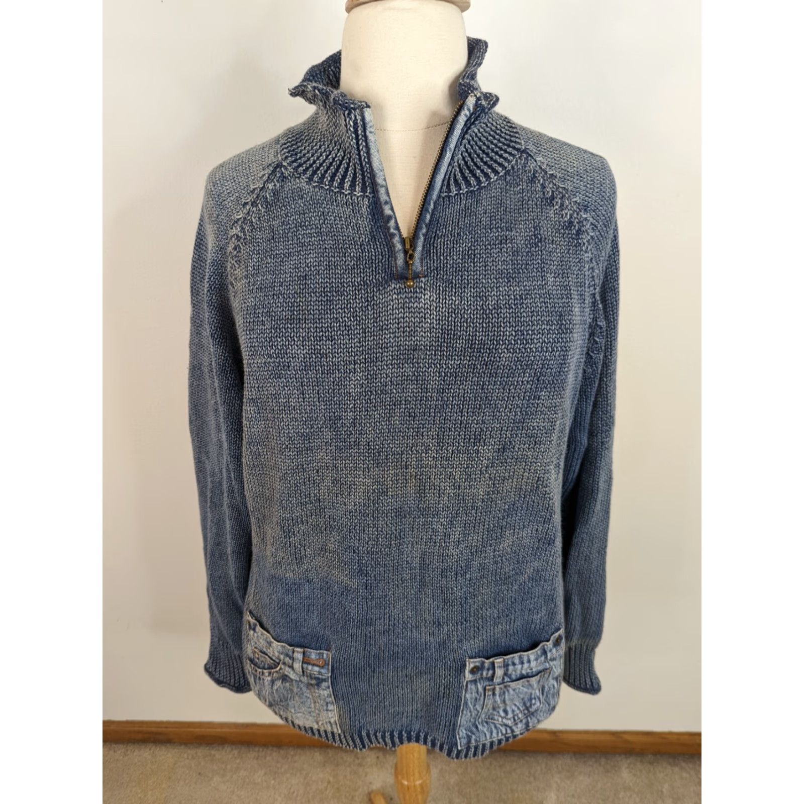 Denime VINTAGE Women's 90s Mock Neck 1/4 Zip Pullover Sweater Blue Denim Pocket 3XL S10 Size XXL / US 16-18 / IT 52-54 - 2 Thumbnail