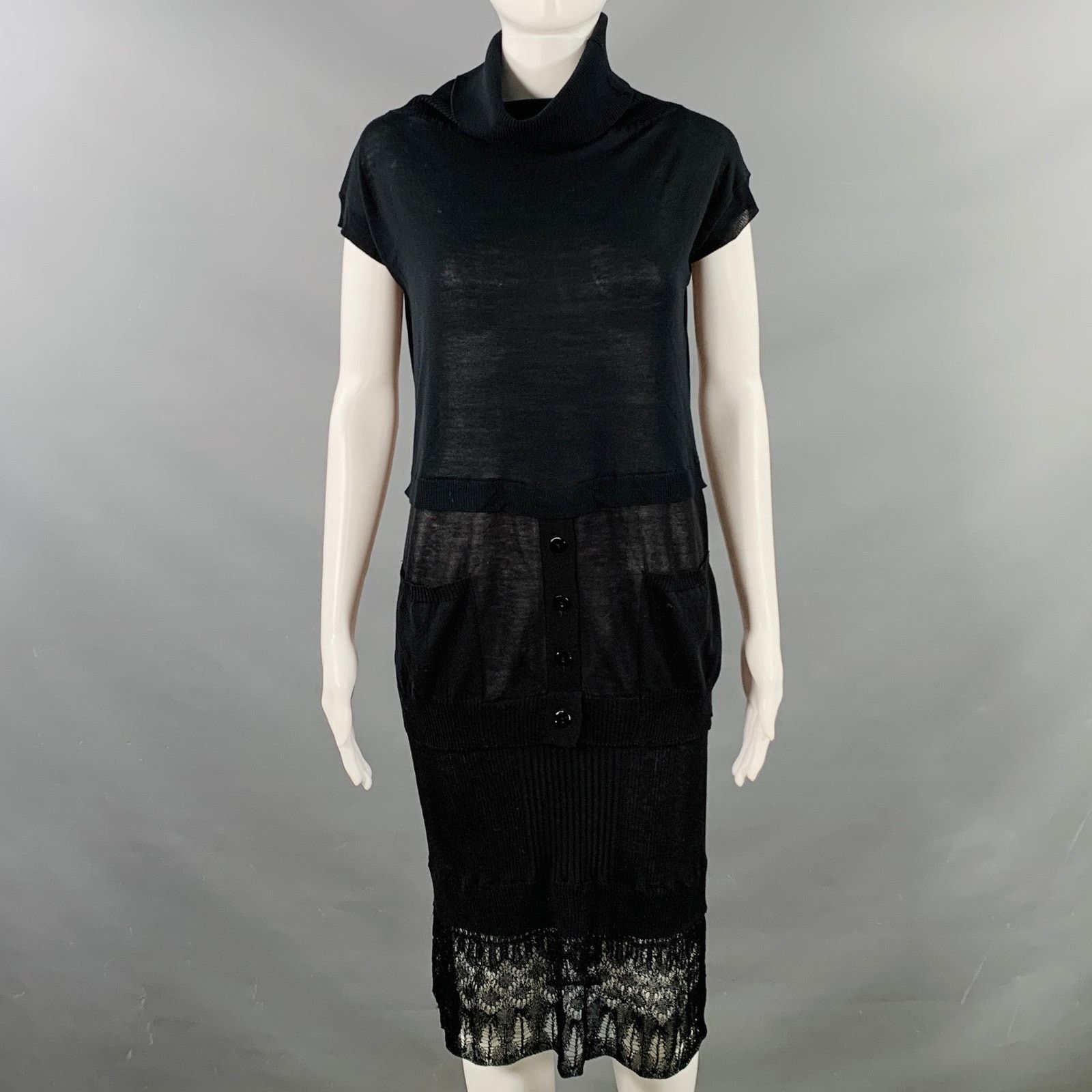 Size S Black Crochet Mixed Patterns Cowl Neck Dress