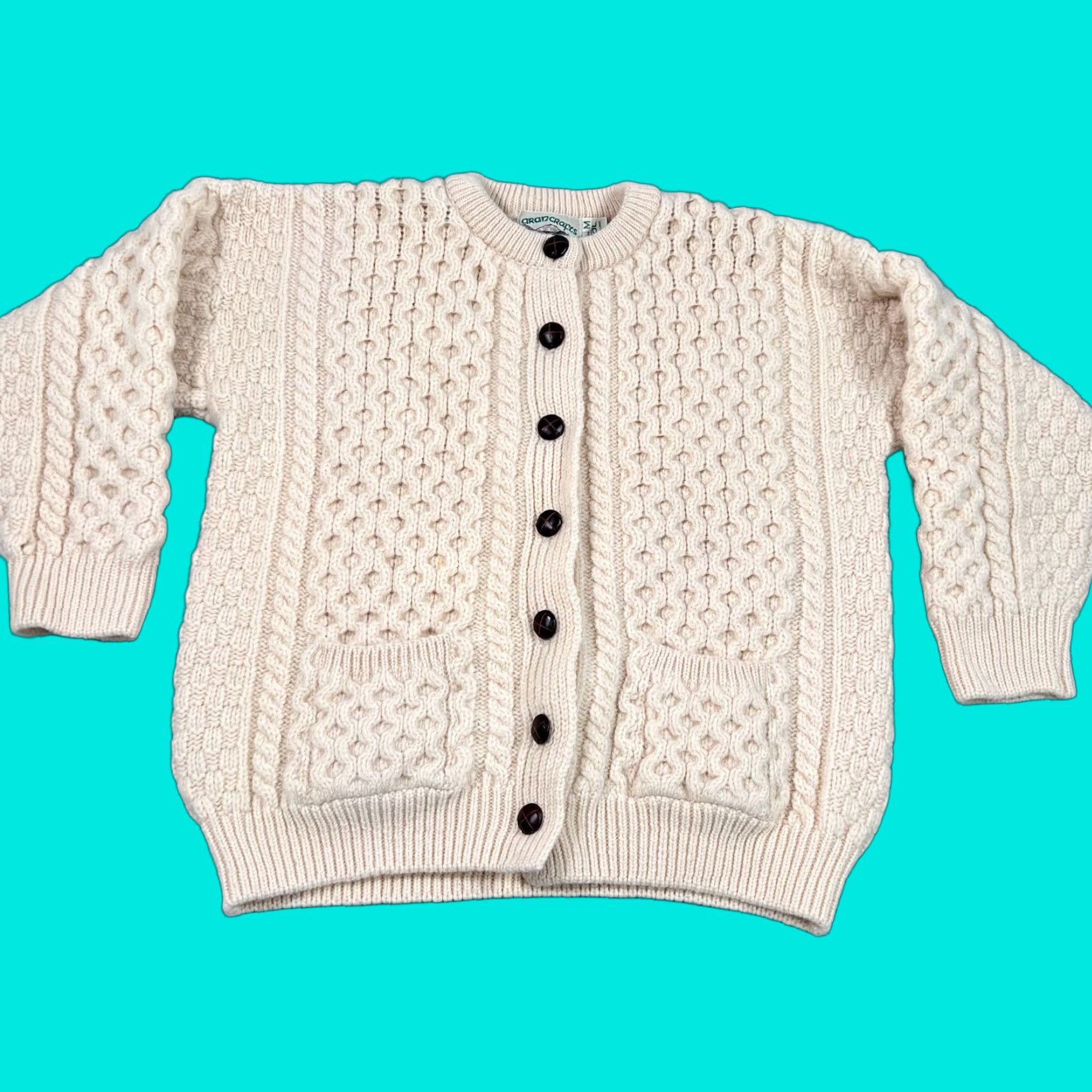 VINTAGE Aran Crafts Wool Cardigan Sweater Women’s Medium Beige Long Sleeve Nature 70s