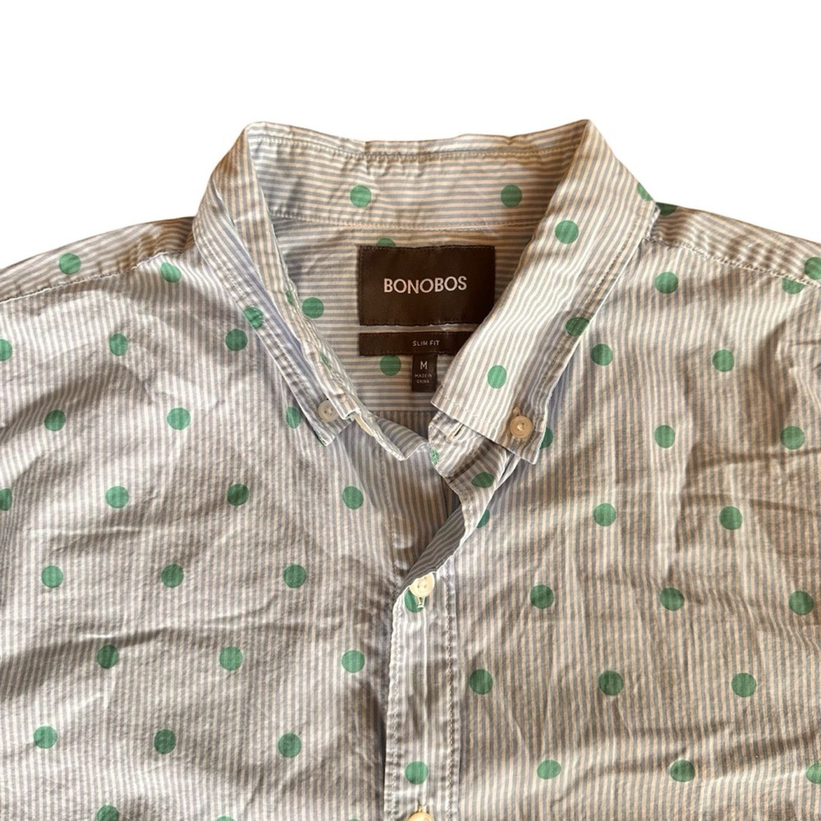 Bonobos Bonobos Slim Fit Cotton Blue Stripe & Green Dot Button-Up Size US M / EU 48-50 / 2 - 2 Thumbnail